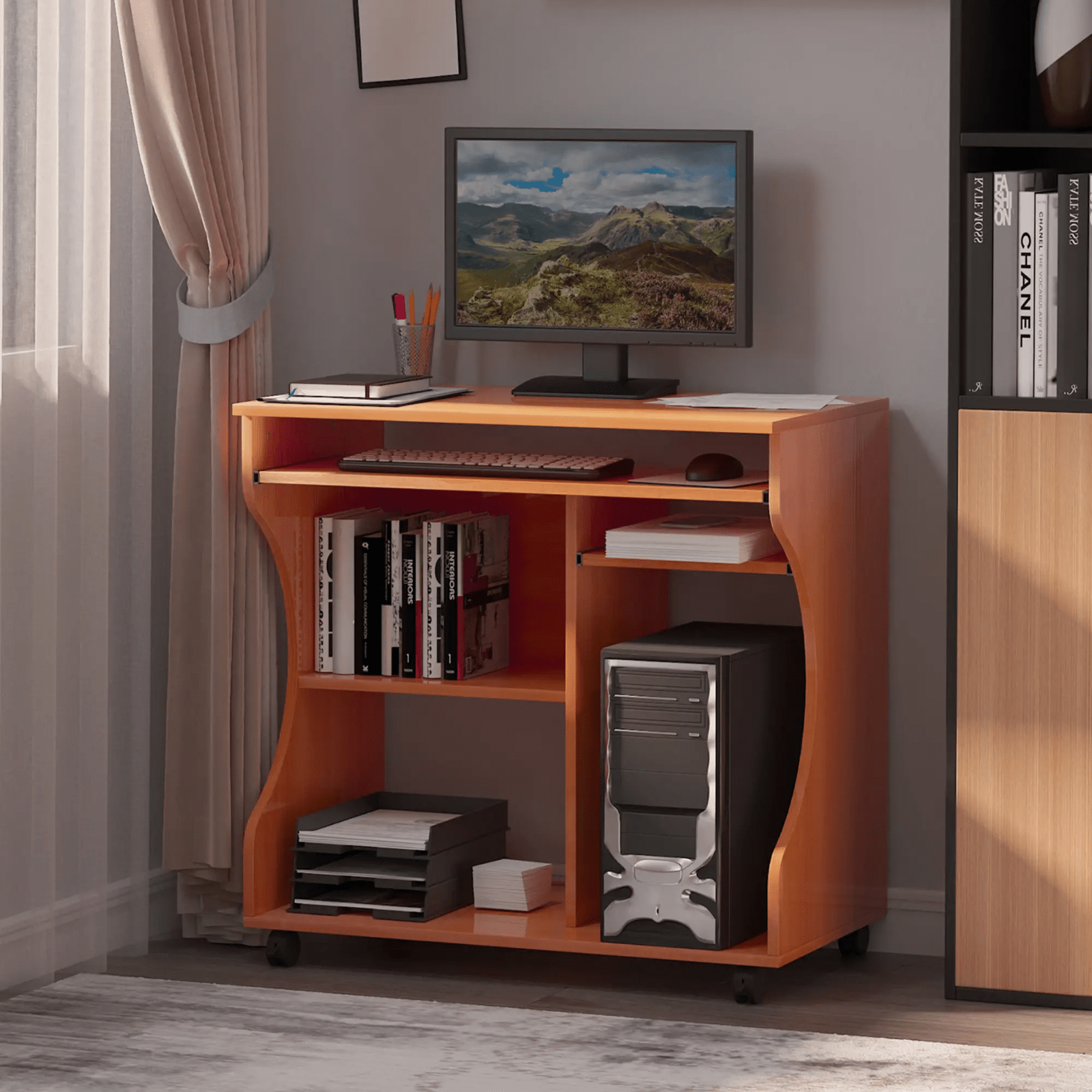Small Computer Desk on Wheels Sliding Keyboard Tray Computer Table with Shelves - Home and Garden Furniture Shop - rustic - furniture