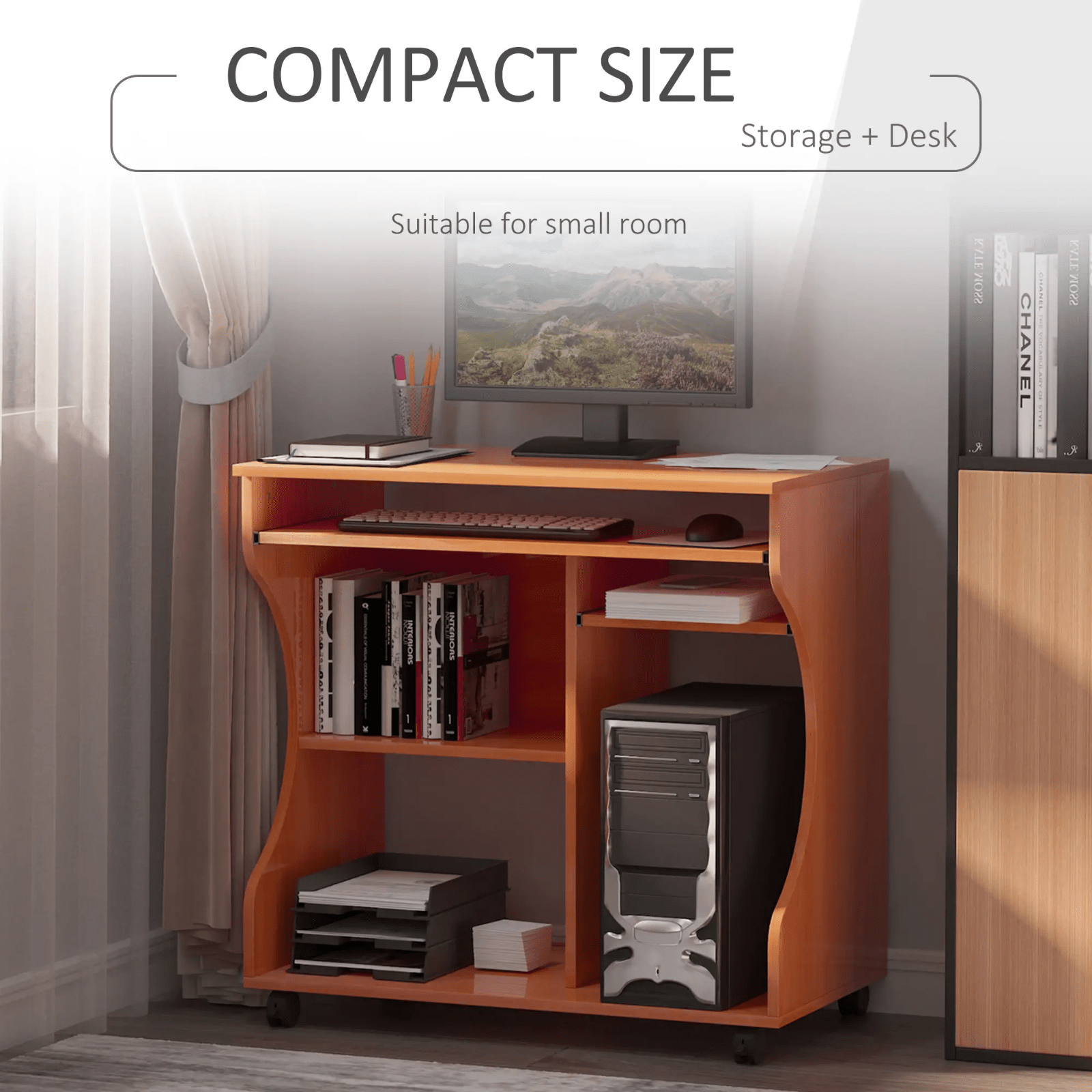 Small Computer Desk on Wheels Sliding Keyboard Tray Computer Table with Shelves - Home and Garden Furniture Shop - rustic - furniture