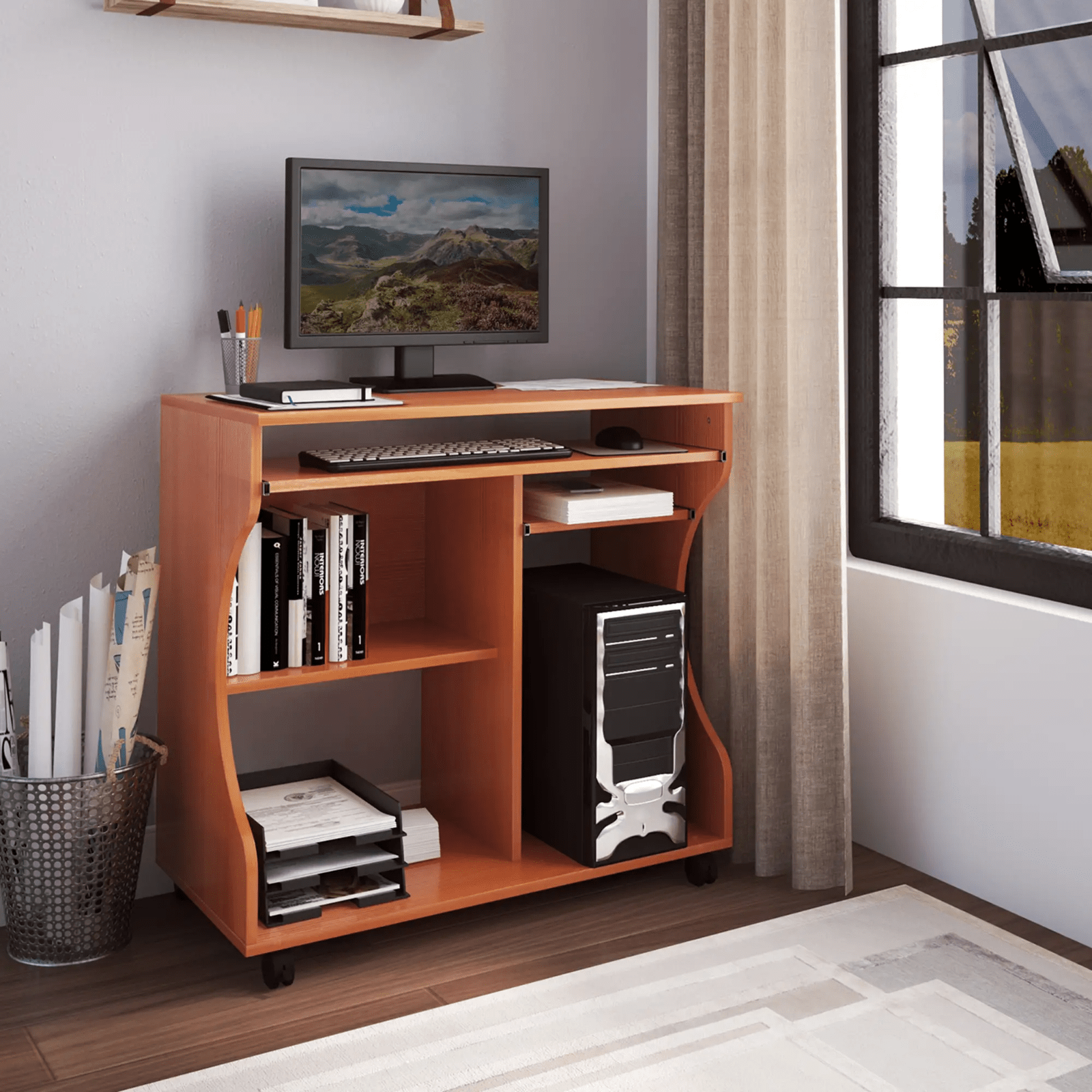 Small Computer Desk on Wheels Sliding Keyboard Tray Computer Table with Shelves - Home and Garden Furniture Shop - rustic - furniture