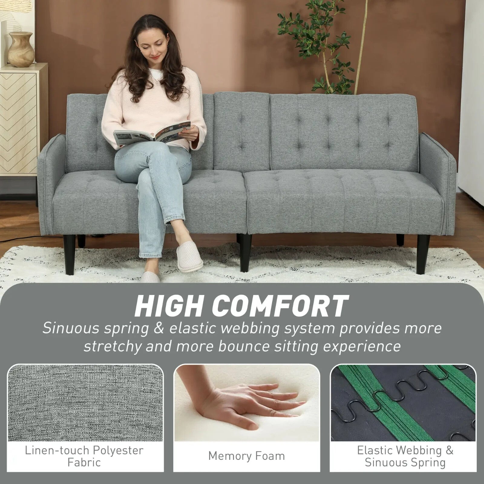 Sofa Bed 3 Seater with Adjustable Tufted Backrest & Padded Seat Light Grey - Home and Garden Furniture Shop - rustic - furniture