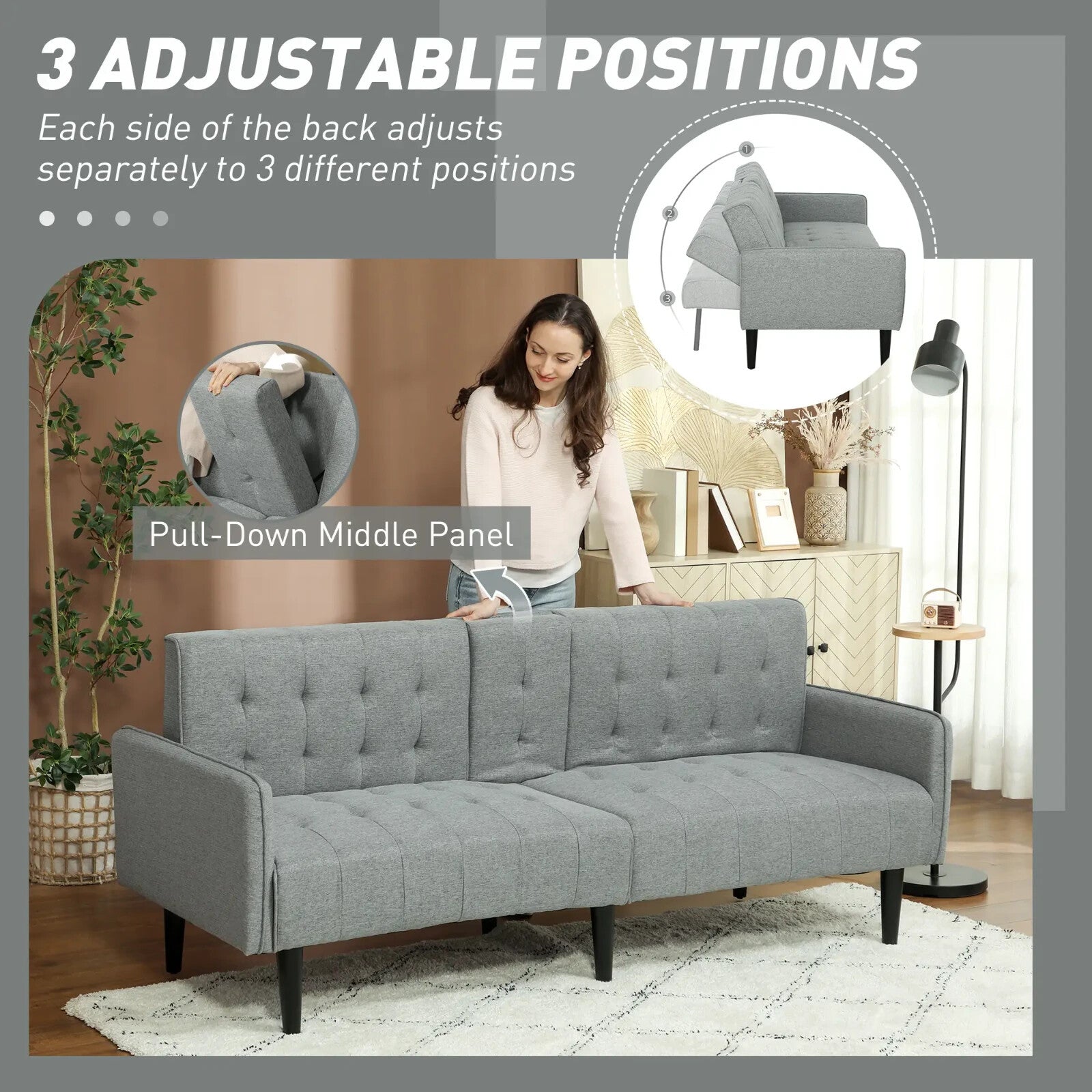 Sofa Bed 3 Seater with Adjustable Tufted Backrest & Padded Seat Light Grey - Home and Garden Furniture Shop - rustic - furniture