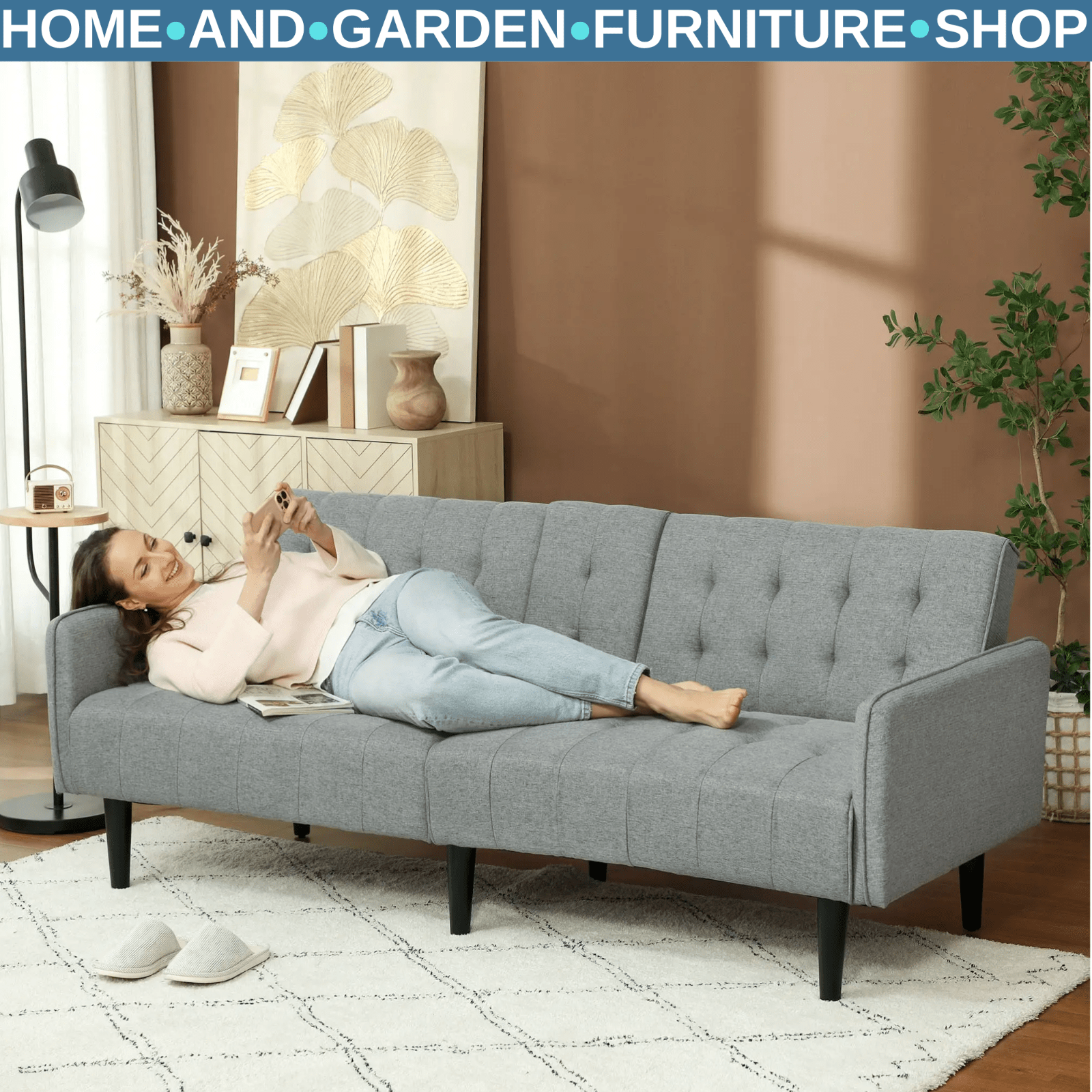 Sofa Bed 3 Seater with Adjustable Tufted Backrest & Padded Seat Light Grey - Home and Garden Furniture Shop - rustic - furniture