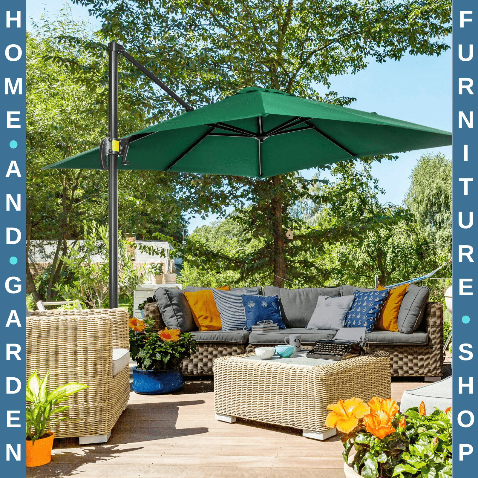 Square Garden Parasol Green Cantilever Umbrella with 360 Rotation 245cm Outdoor - Home and Garden Furniture Shop - rustic - furniture