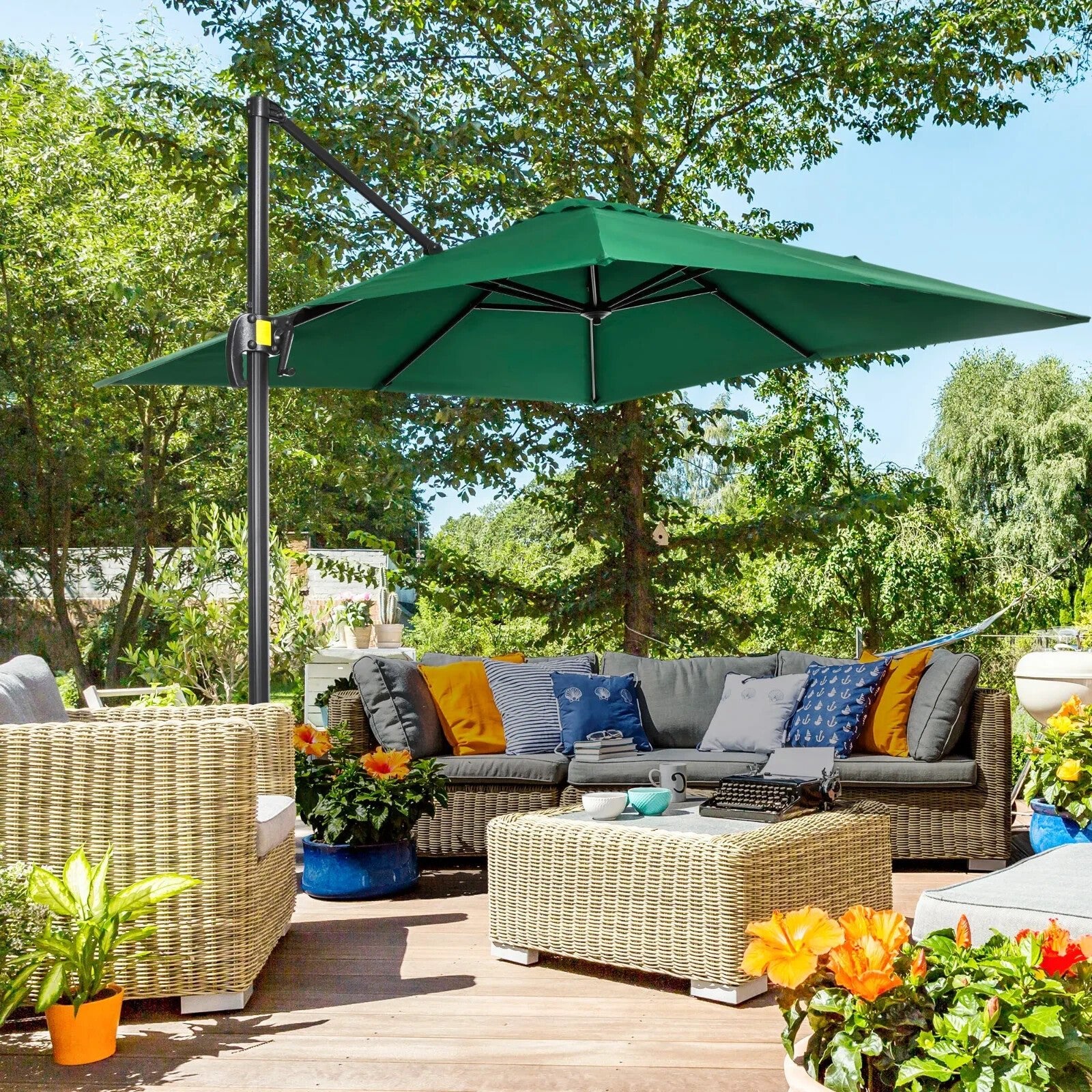 Square Garden Parasol Green Cantilever Umbrella with 360 Rotation 245cm Outdoor - Home and Garden Furniture Shop - rustic - furniture