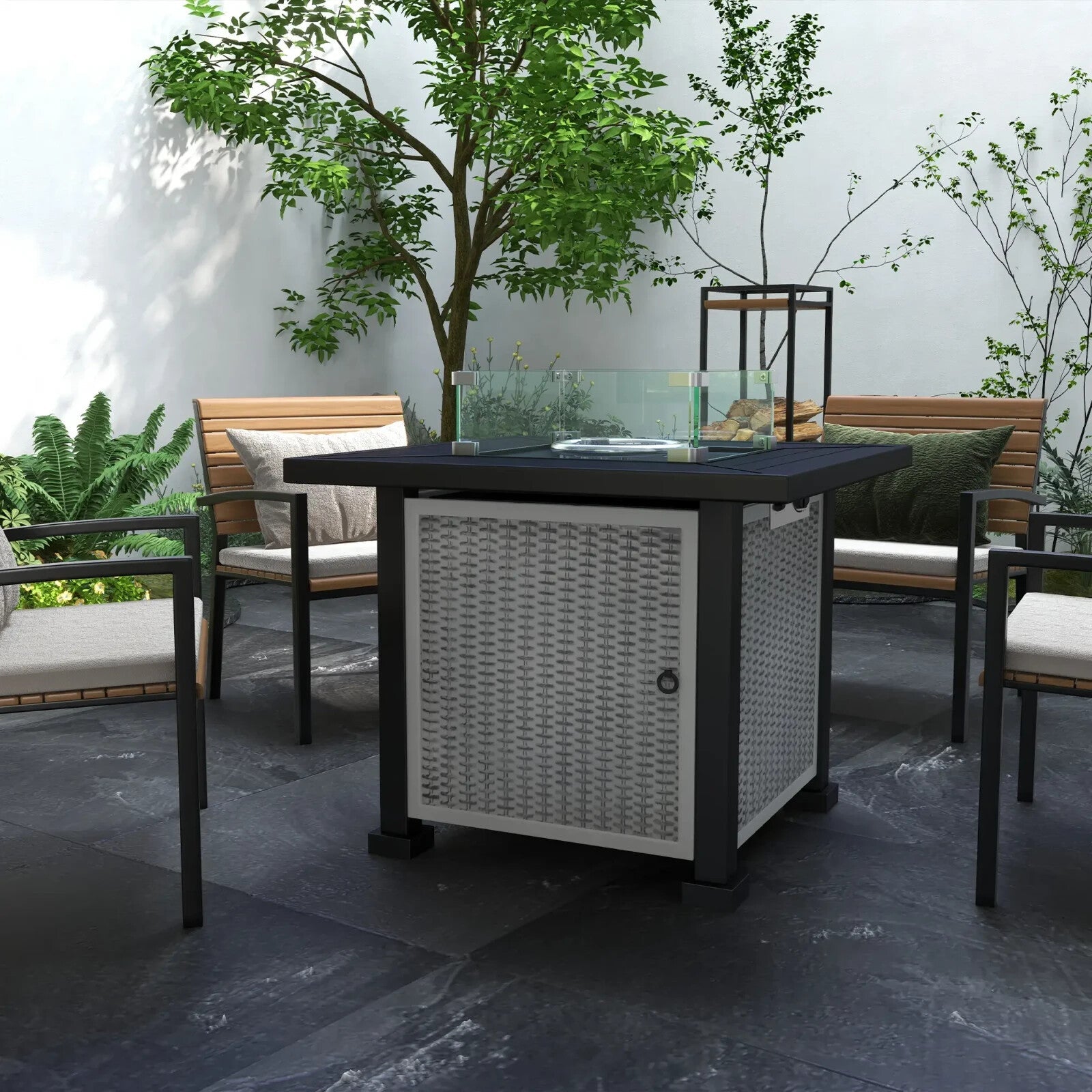 Square Rattan Gas Fire Pit Table w/ Glass Screen Lid Beads 50000 BTU 81x81x64cm - Home and Garden Furniture Shop - rustic - furniture