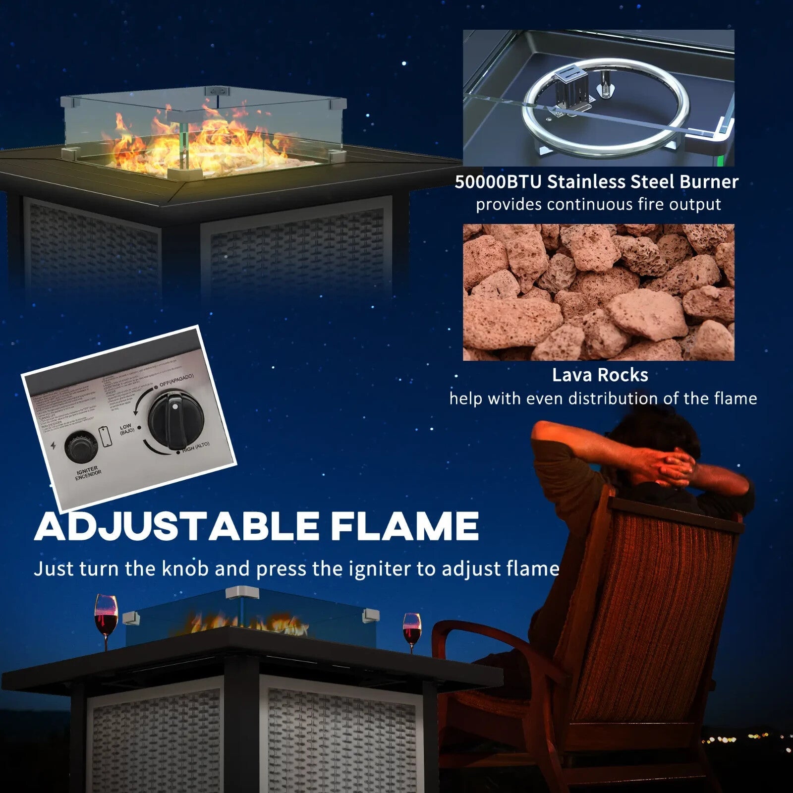 Square Rattan Gas Fire Pit Table w/ Glass Screen Lid Beads 50000 BTU 81x81x64cm - Home and Garden Furniture Shop - rustic - furniture