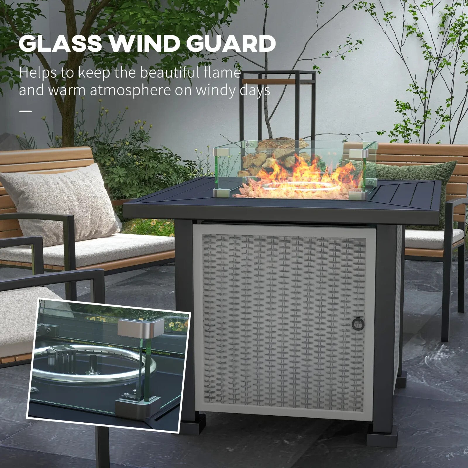Square Rattan Gas Fire Pit Table w/ Glass Screen Lid Beads 50000 BTU 81x81x64cm - Home and Garden Furniture Shop - rustic - furniture