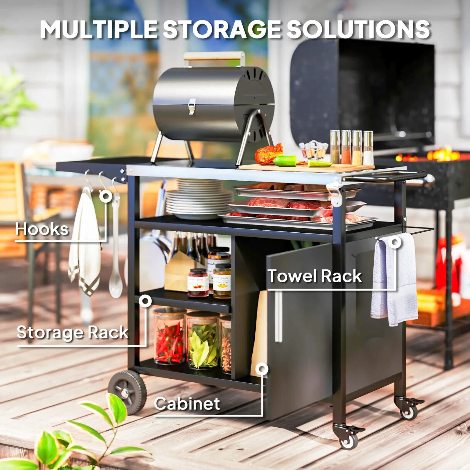 Stainless Steel Outdoor BBQ Trolley with Folding Side Table with Wheels Shelves - Home and Garden Furniture Shop - #rustic - furniture#