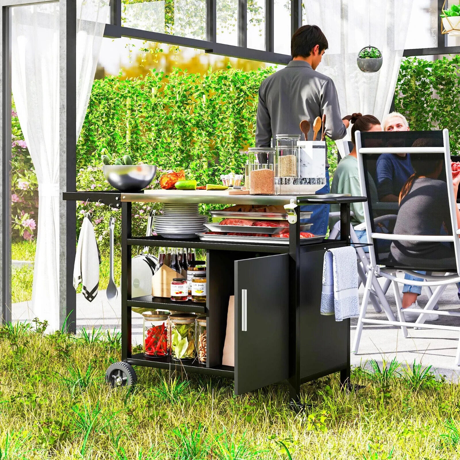 Stainless Steel Outdoor BBQ Trolley with Folding Side Table with Wheels Shelves - Home and Garden Furniture Shop - #rustic - furniture#