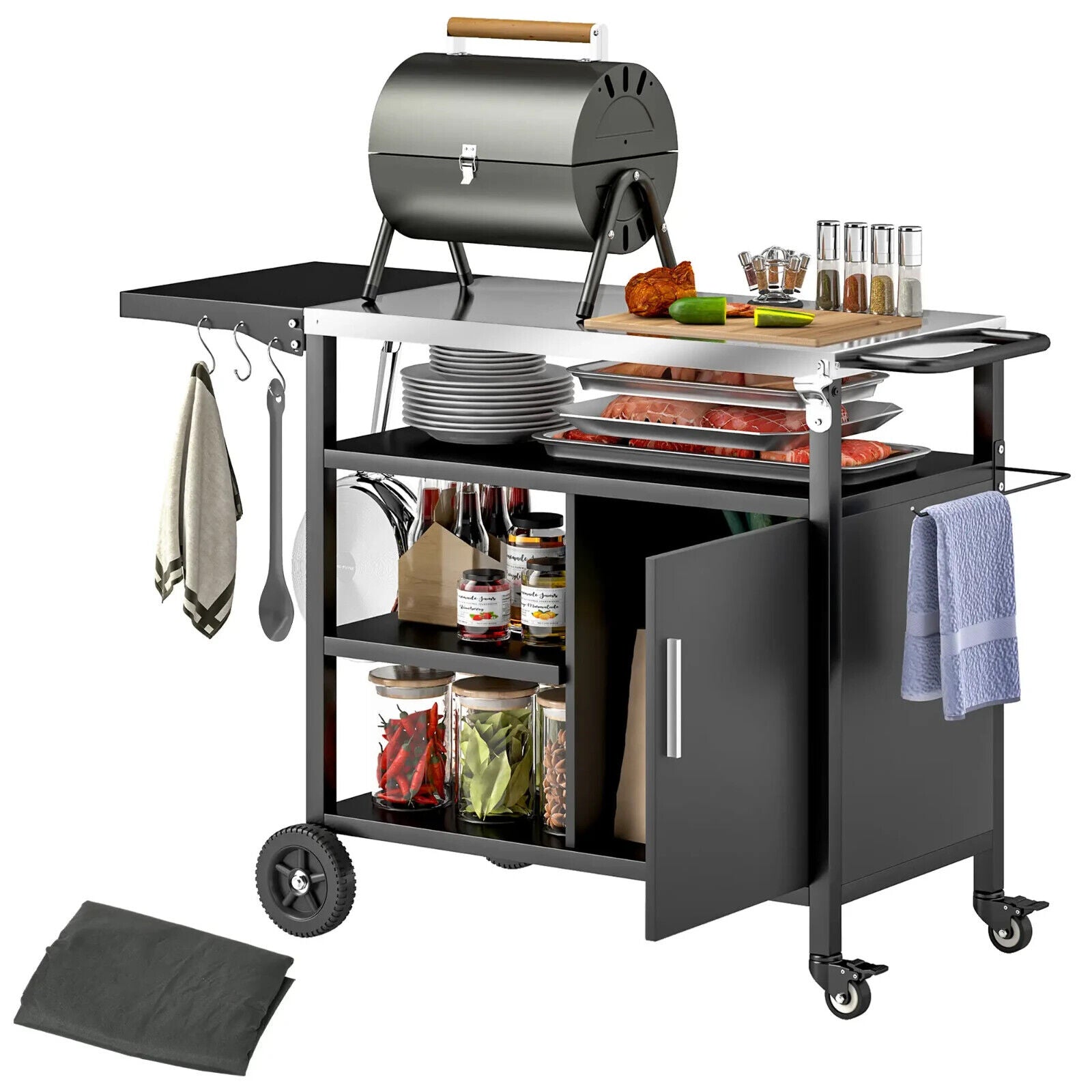 Stainless Steel Outdoor BBQ Trolley with Folding Side Table with Wheels Shelves - Home and Garden Furniture Shop - #rustic - furniture#