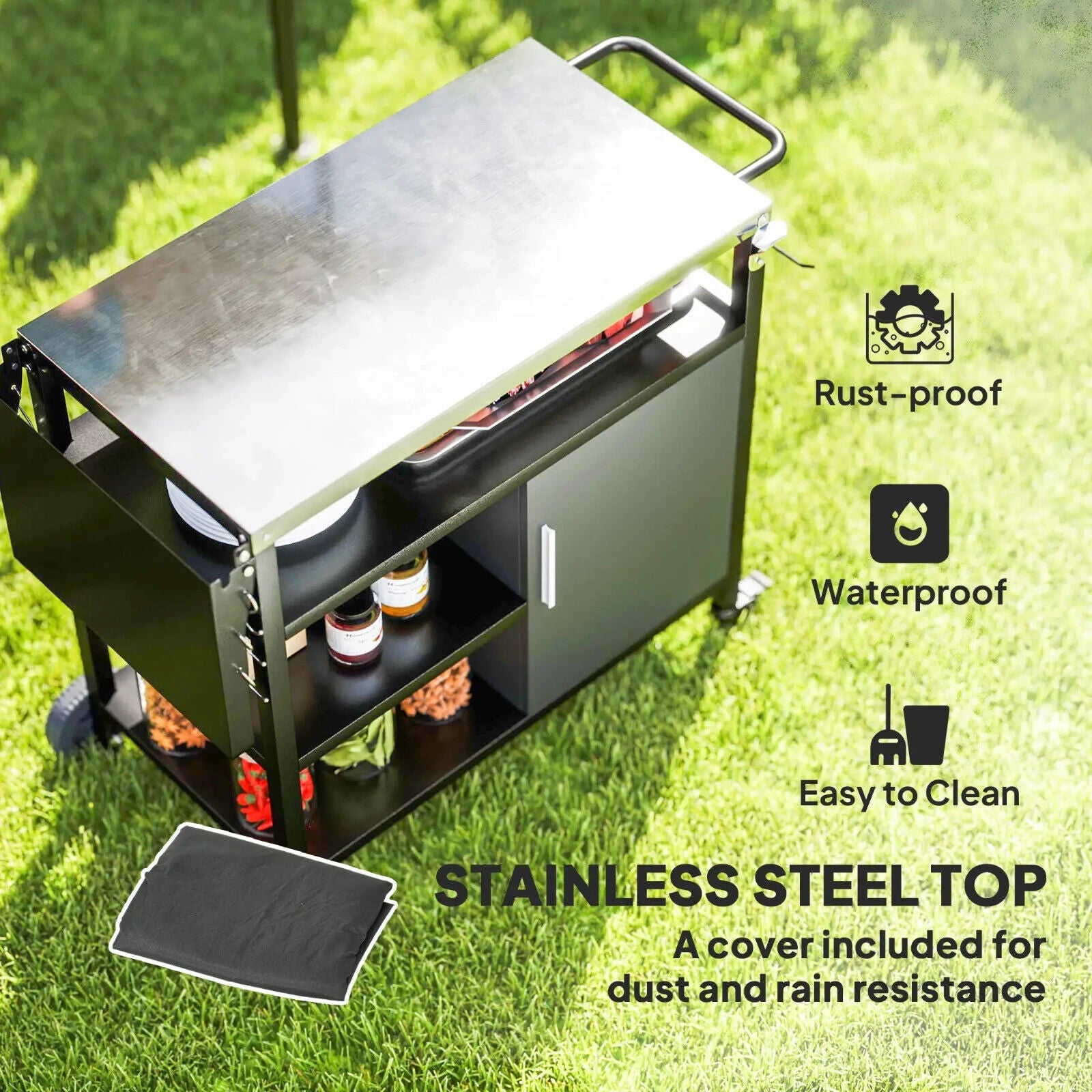 Stainless Steel Outdoor BBQ Trolley with Folding Side Table with Wheels Shelves - Home and Garden Furniture Shop - #rustic - furniture#