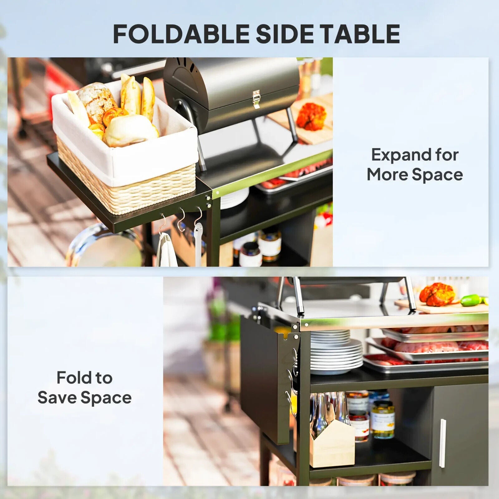 Stainless Steel Outdoor BBQ Trolley with Folding Side Table with Wheels Shelves - Home and Garden Furniture Shop - #rustic - furniture#