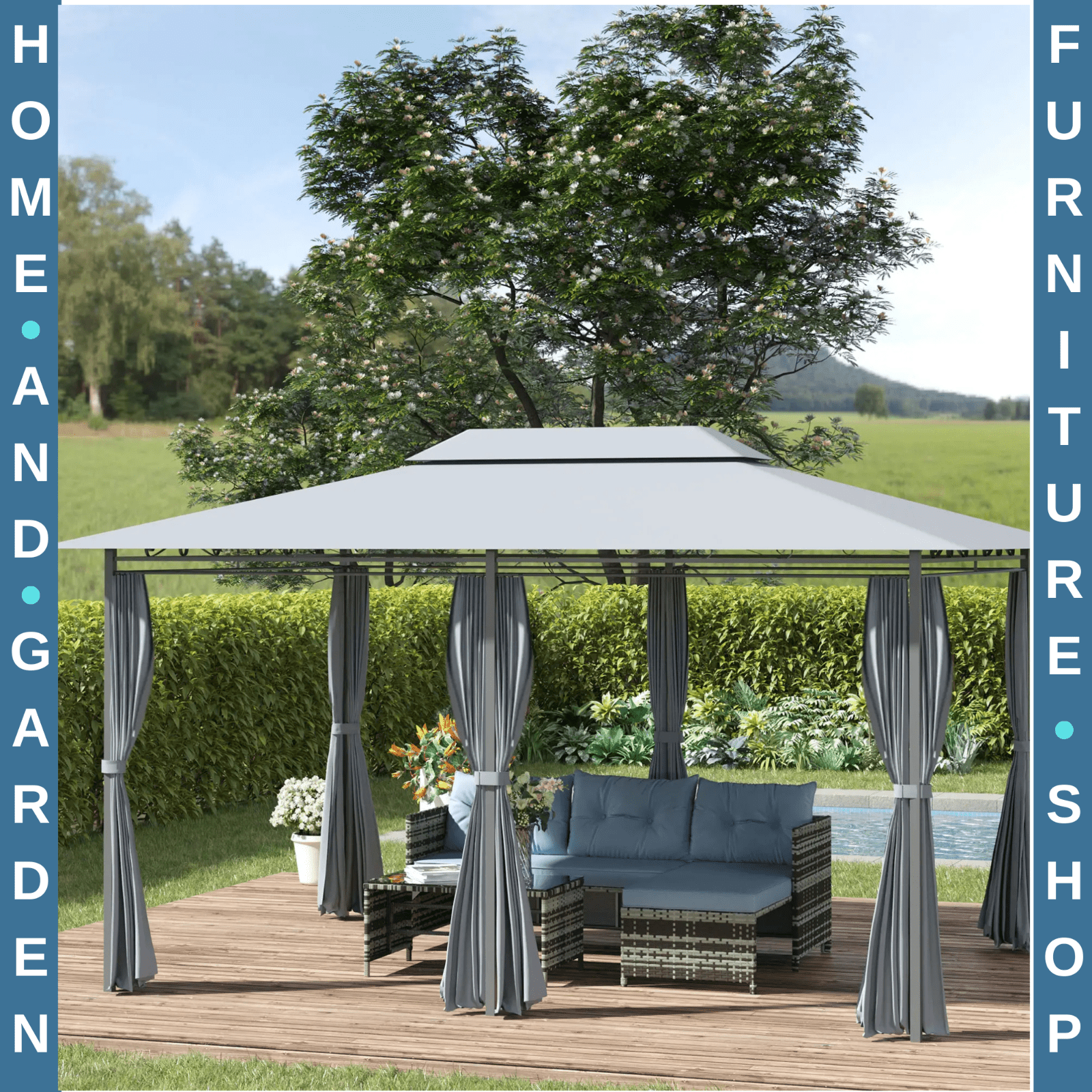 Steel Frame Gazebo Curtains 4m x 3m Outdoor 2 - Tier Garden Tent Sun Shade Cover - Home and Garden Furniture Shop - rustic - furniture