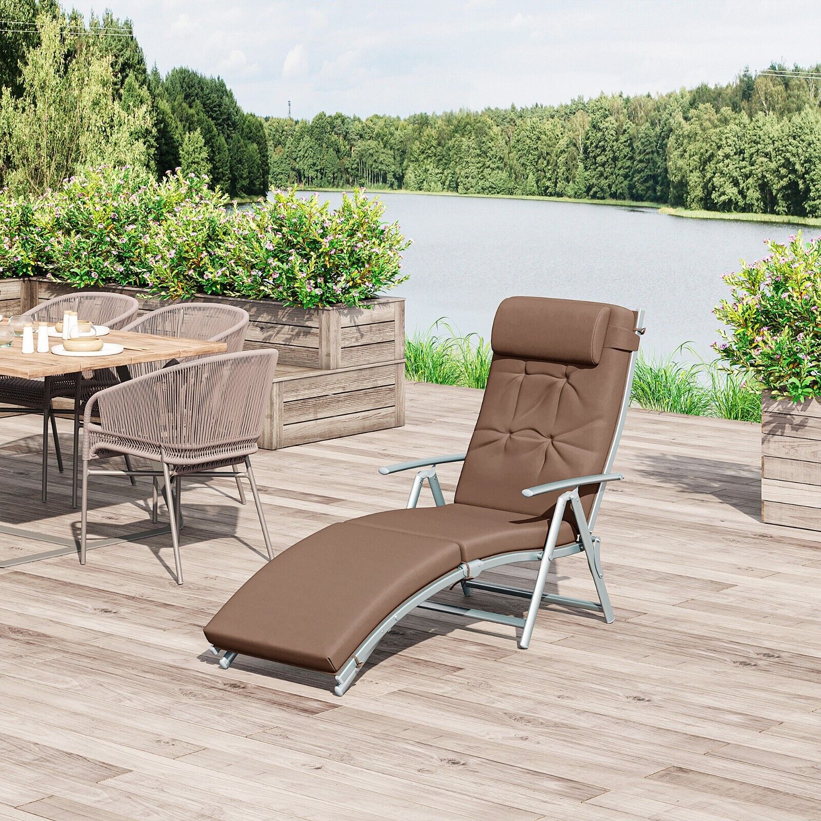 Steel Frame Outdoor Garden Padded Sun Lounger with Pillow Adjustable Patio Chair - Home and Garden Furniture Shop - #rustic - furniture#