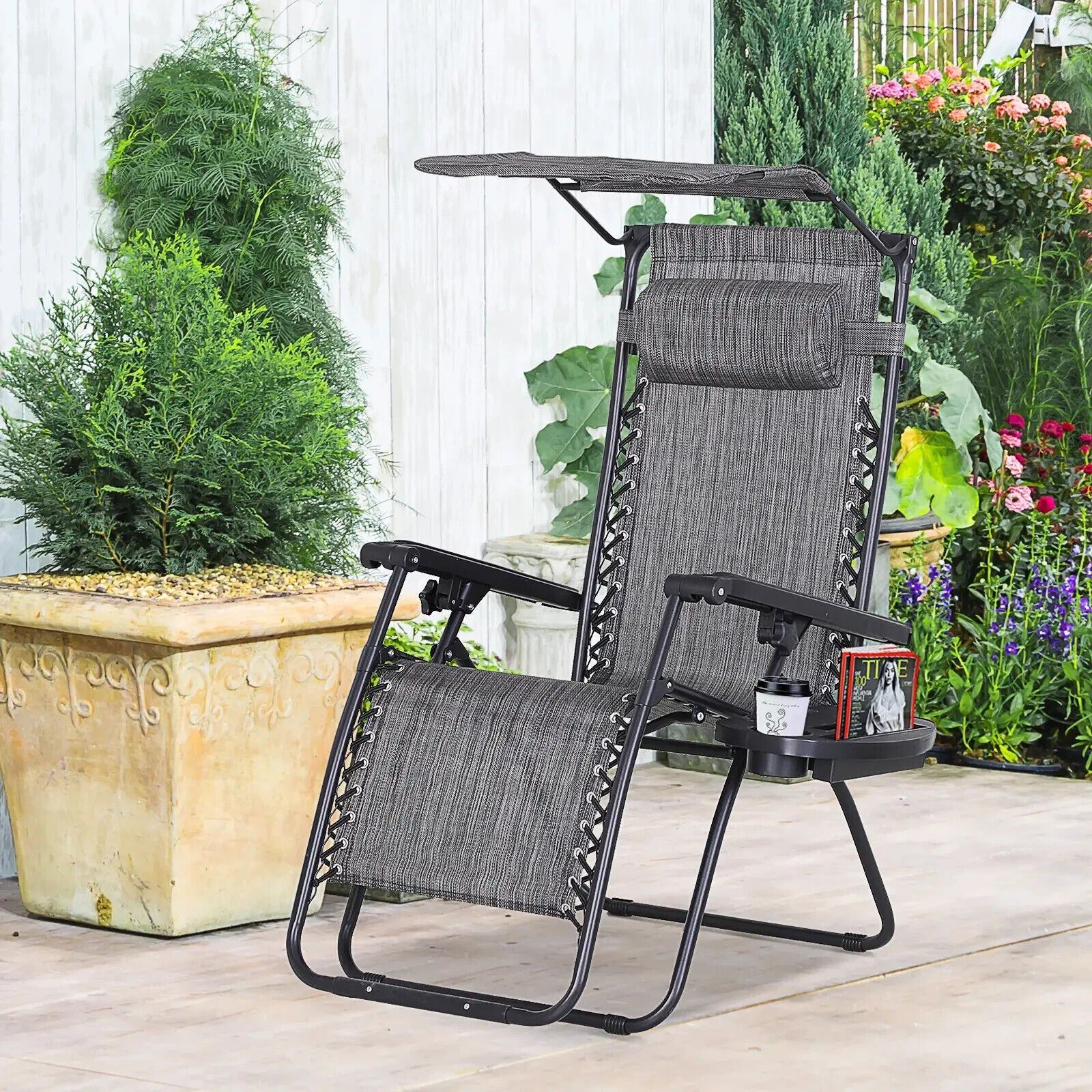 Steel Frame Zero Gravity Outdoor Garden Deck Chair w/ Adjustable Canopy Lounger - Home and Garden Furniture Shop - #rustic - furniture#