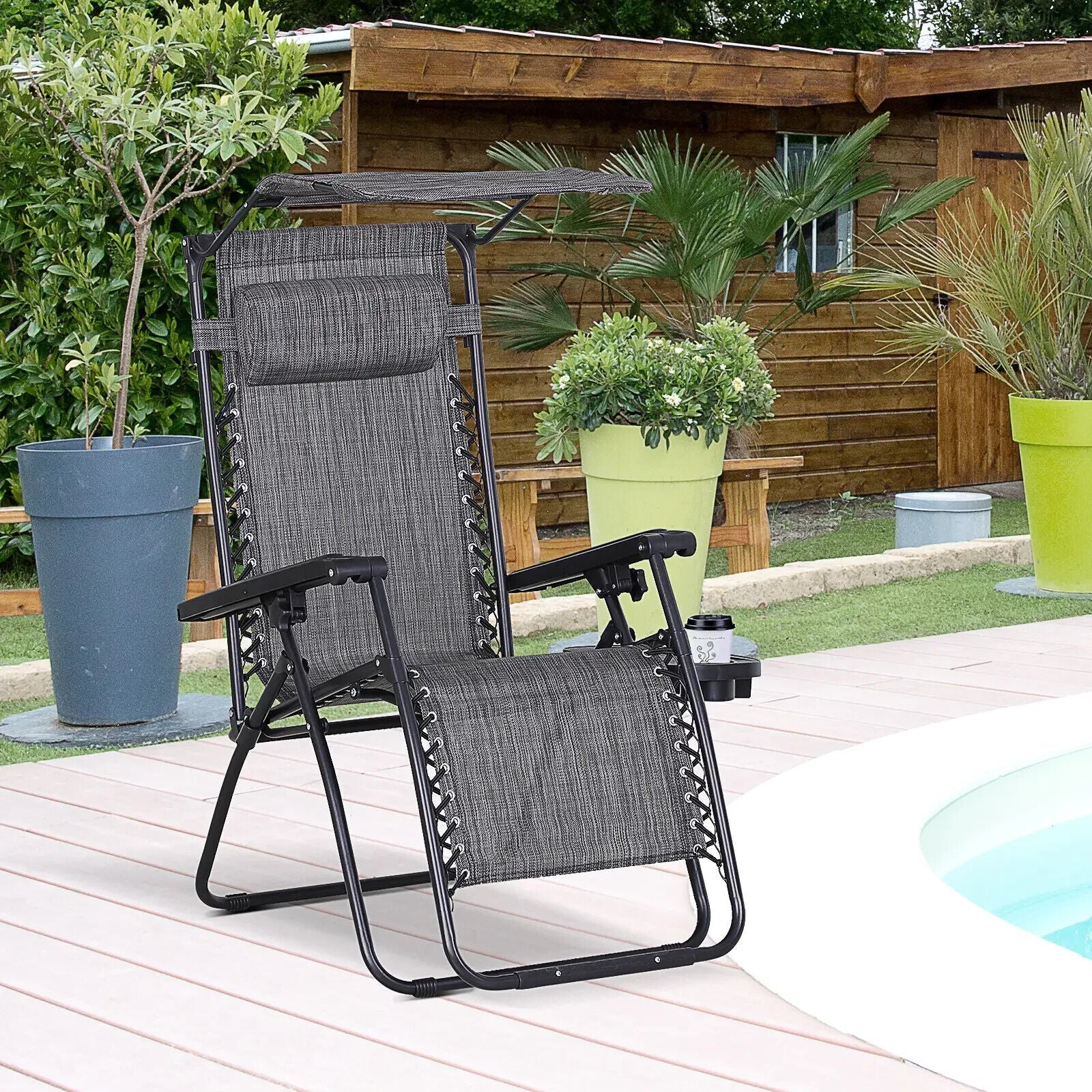 Steel Frame Zero Gravity Outdoor Garden Deck Chair w/ Adjustable Canopy Lounger - Home and Garden Furniture Shop - #rustic - furniture#
