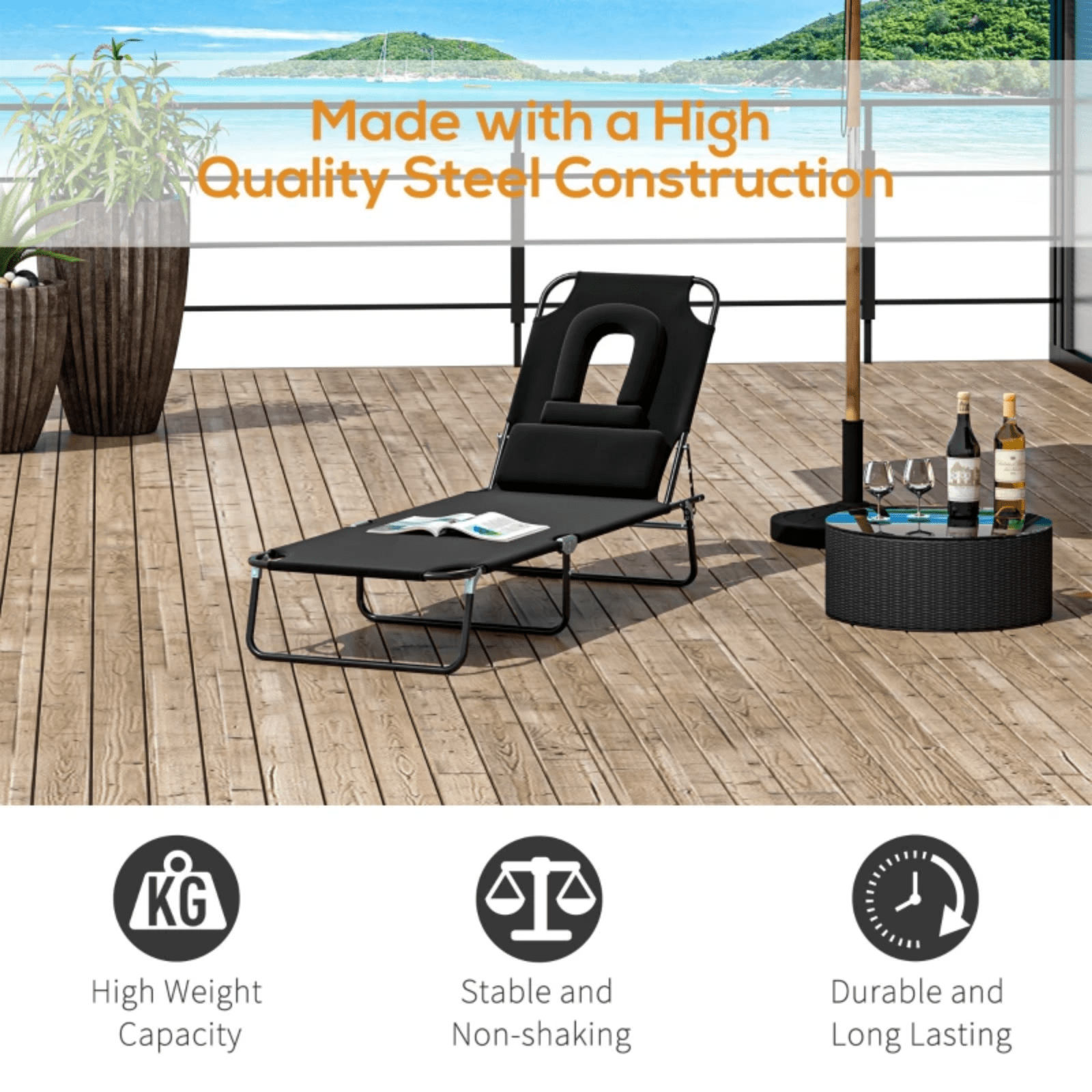 Sun Lounger Folding Recliner Chair Portable Reclining Garden Seat Day Bed Black - Home and Garden Furniture Shop - rustic - furniture