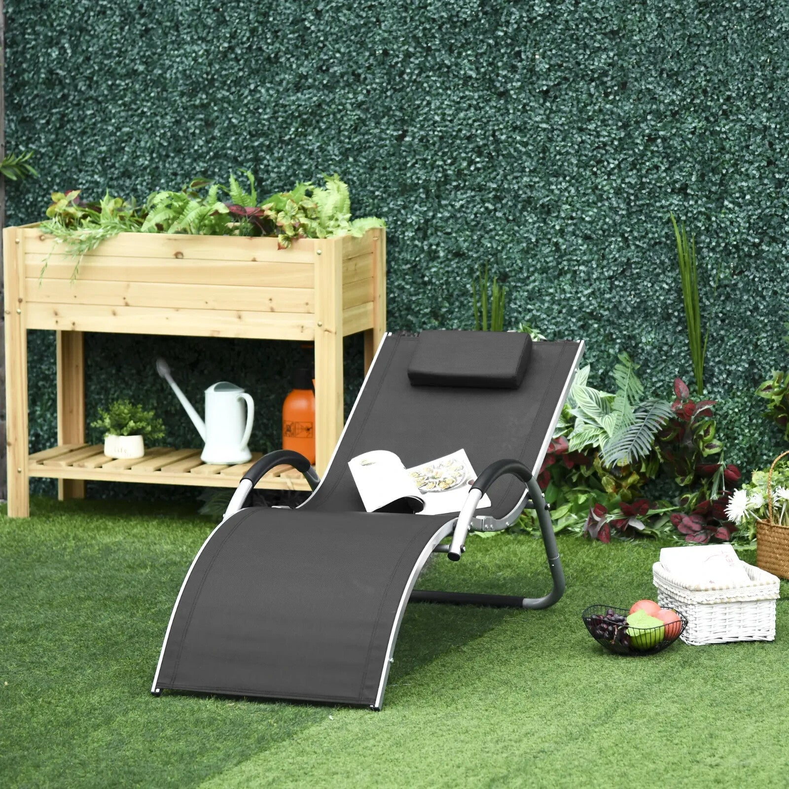 Sun Lounger Recliner Ergonomic Outdoor Lounge Chair with Pillow for Garden Black - Home and Garden Furniture Shop - rustic - furniture