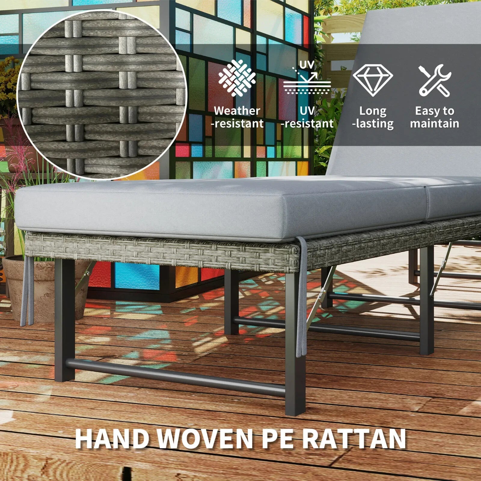 Sunbathing Folding Rattan Sun Lounger with Adjustable Back and Cushion Grey - Home and Garden Furniture Shop - rustic - furniture