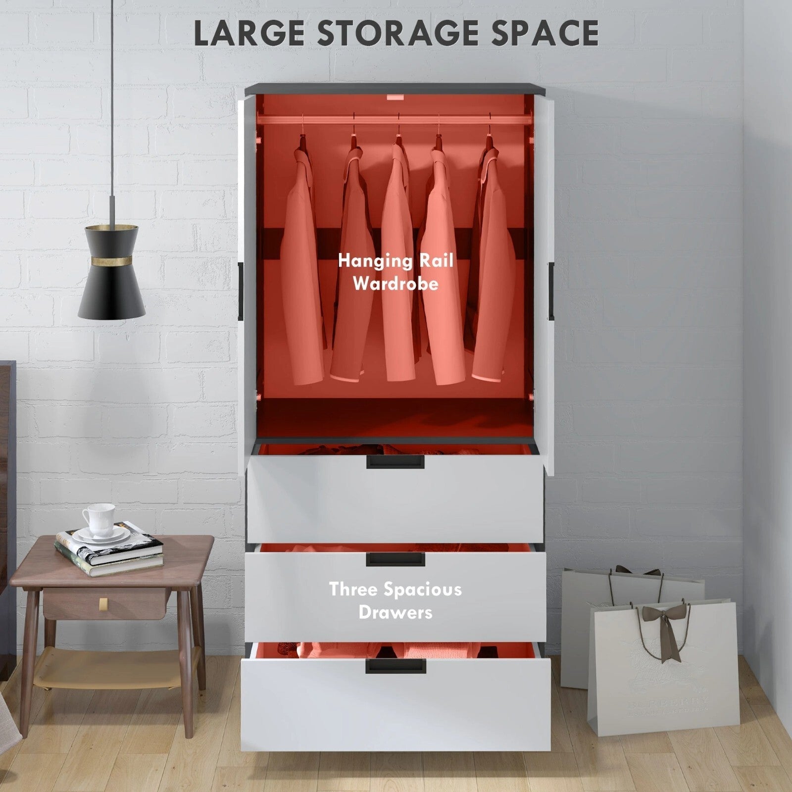 Tall 2 Door Wardrobe 3 Drawers Hanging Rod Metal Clothes Rail Bedroom Storage - Home and Garden Furniture Shop - rustic - furniture