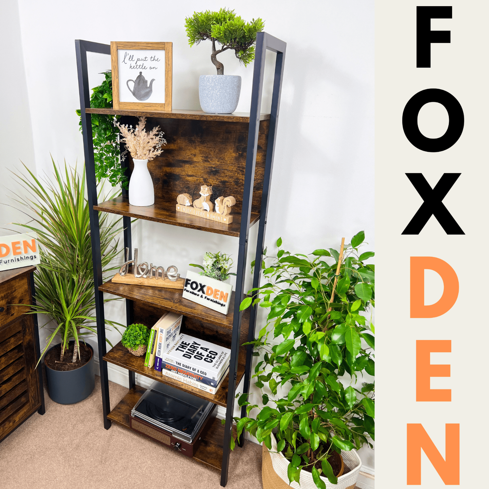 Tall 5 Tier Rustic Bookcase Slim Industrial Bookshelf Storage Unit Display Shelf - Home and Garden Furniture Shop - rustic - furniture