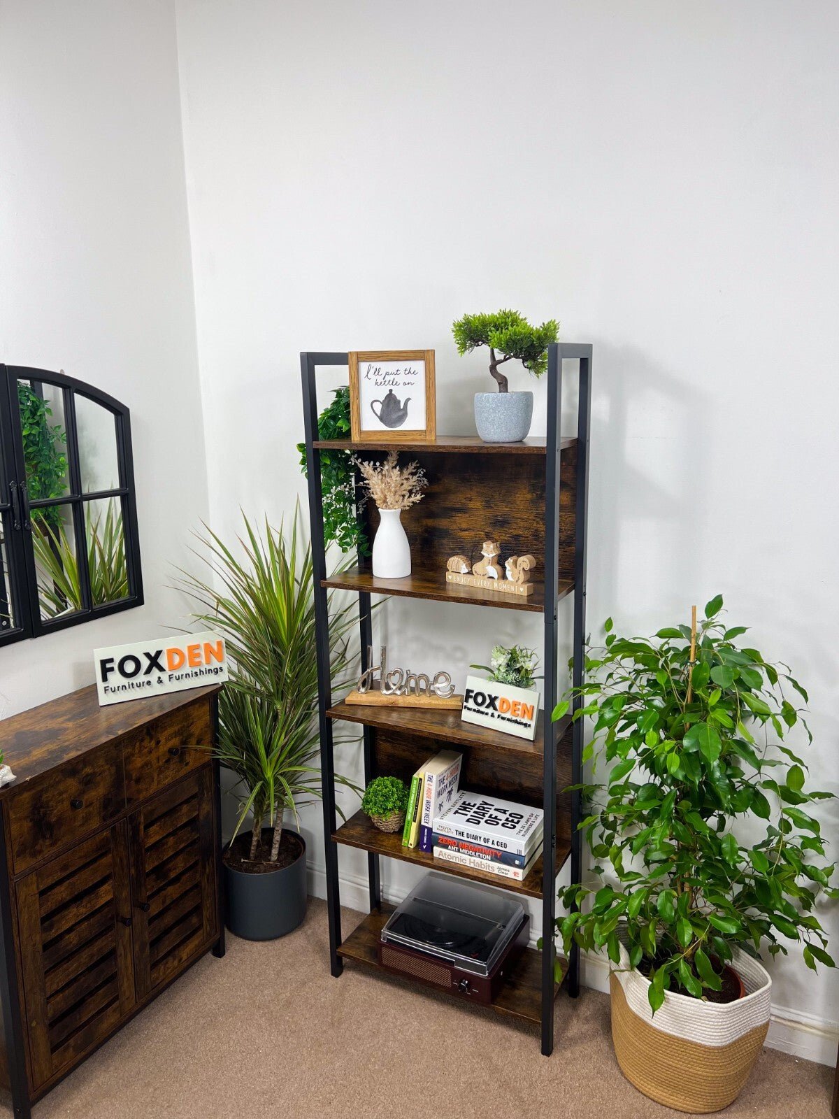 Tall 5 Tier Rustic Bookcase Slim Industrial Bookshelf Storage Unit Display Shelf - Home and Garden Furniture Shop - rustic - furniture