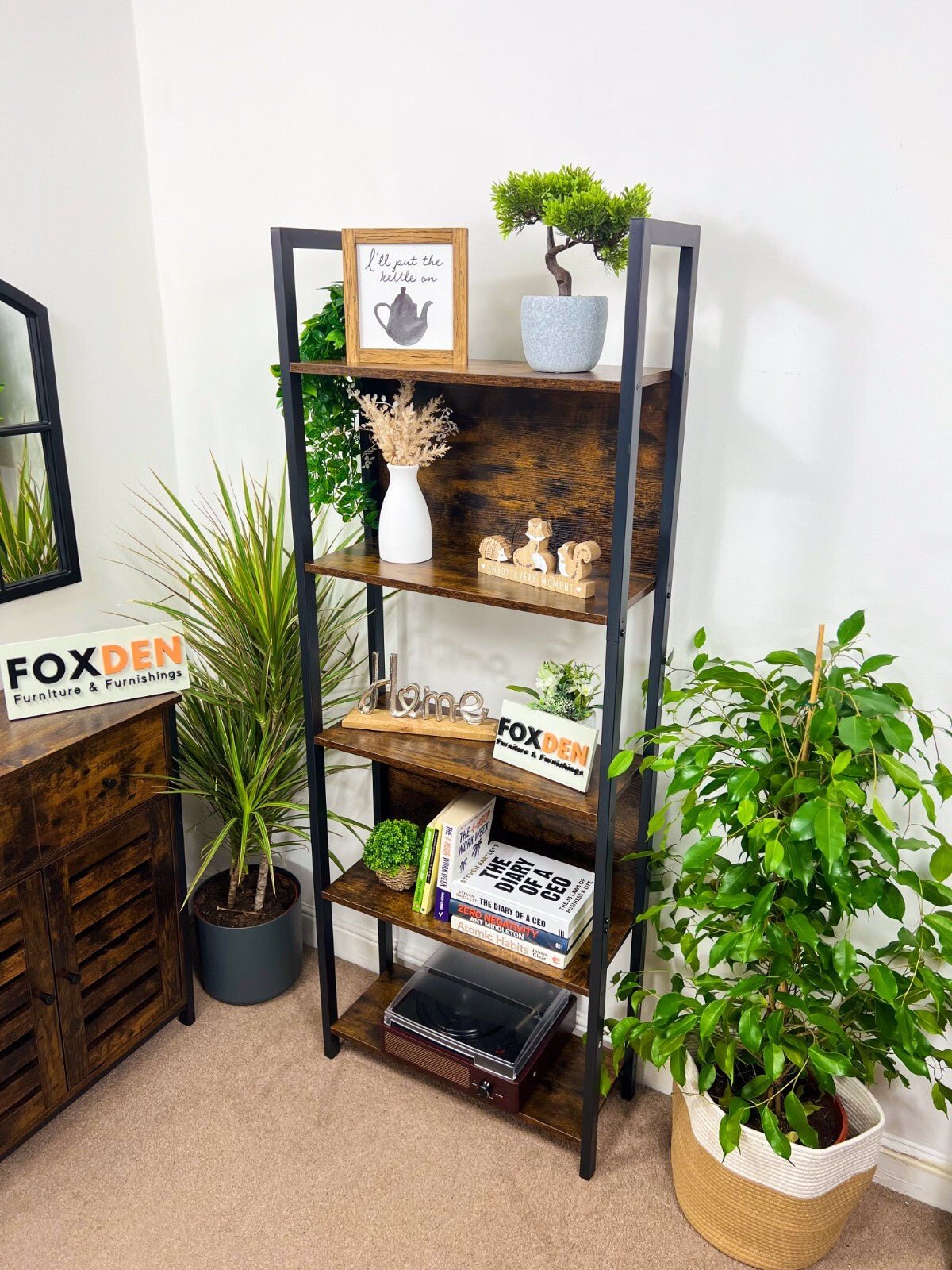 Tall 5 Tier Rustic Bookcase Slim Industrial Bookshelf Storage Unit Display Shelf - Home and Garden Furniture Shop - rustic - furniture