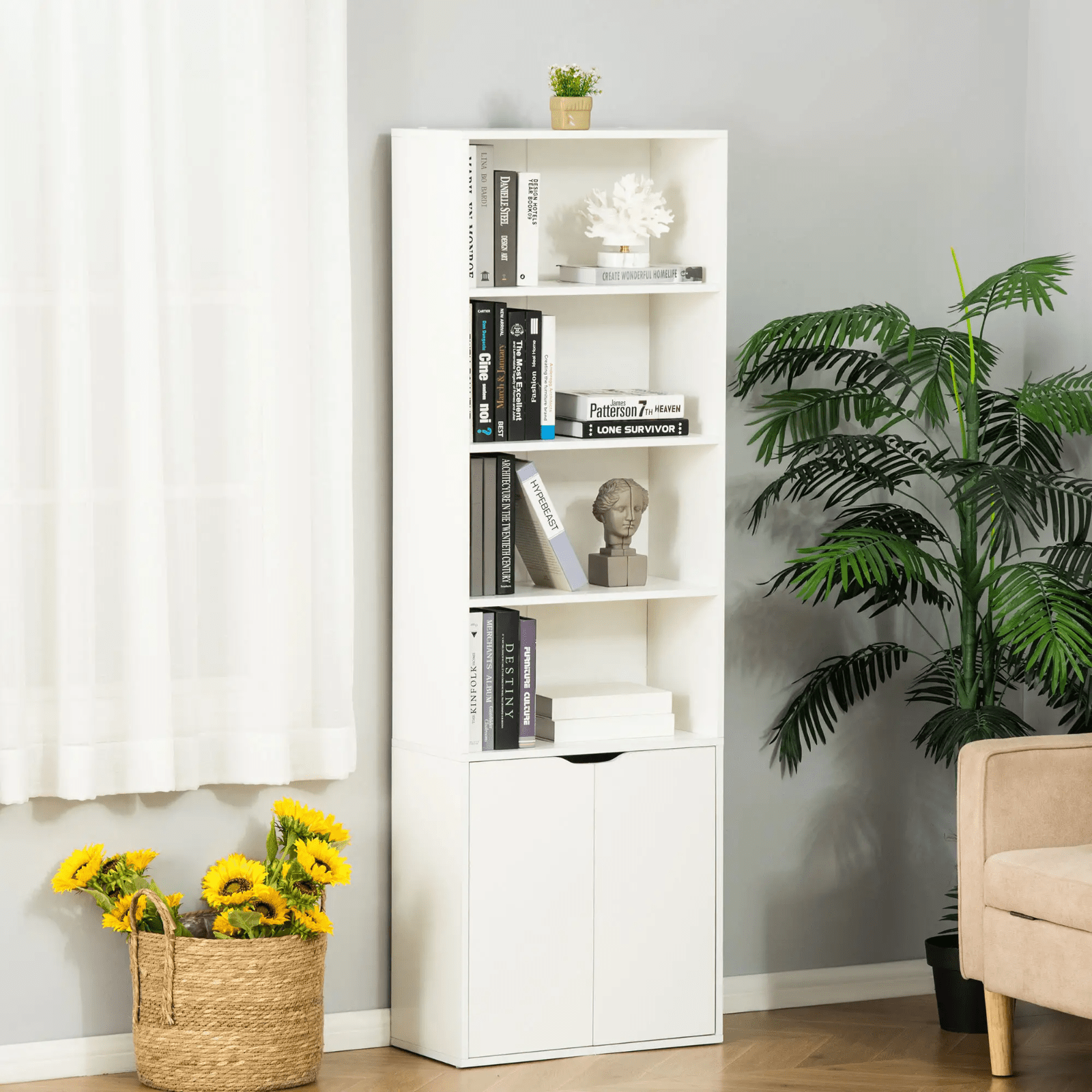 Tall Bookcase Wooden Storage Cabinet Display Unit 6 Tier Bookshelf Doors Shelves - Home and Garden Furniture Shop - #rustic - furniture#