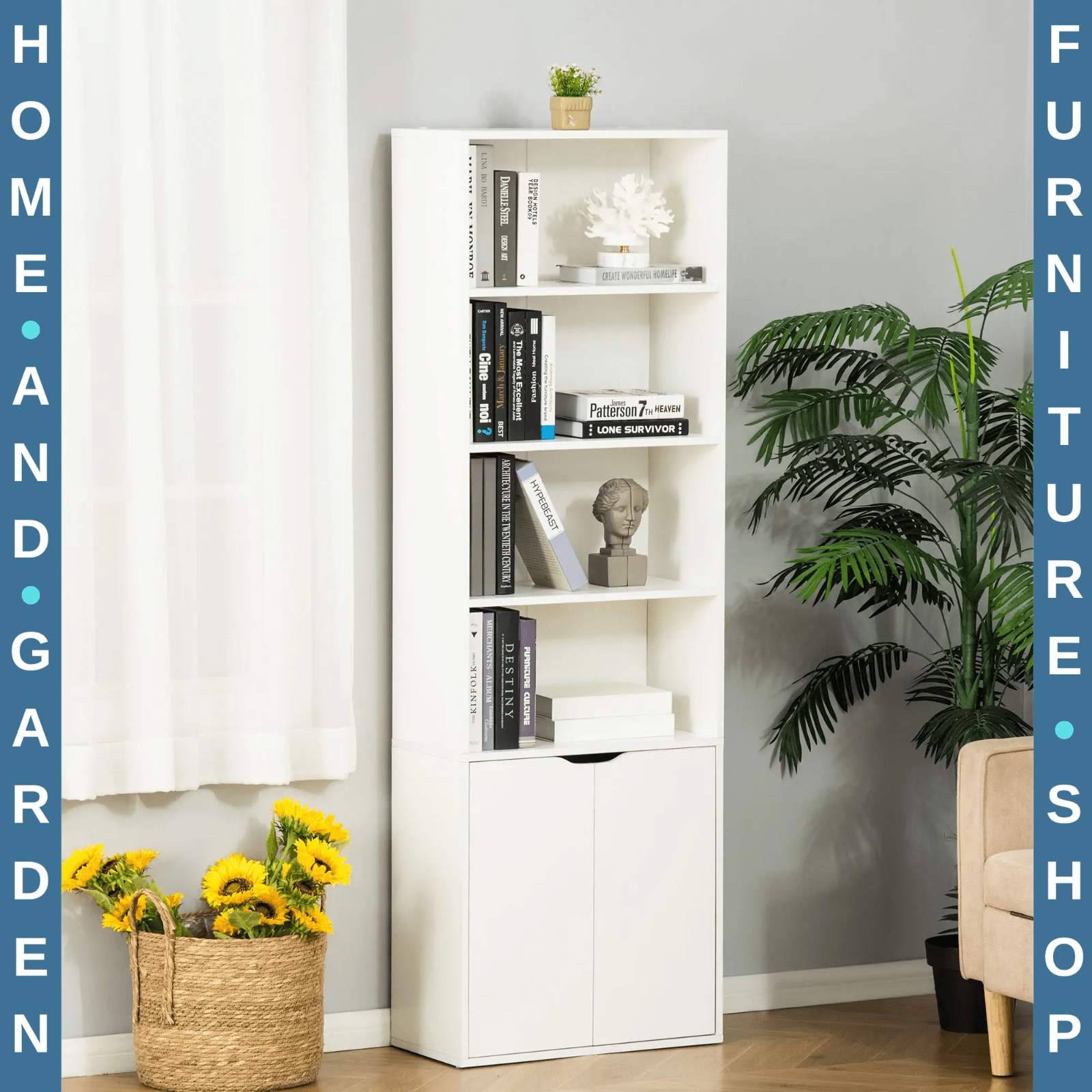 Tall Bookcase Wooden Storage Cabinet Display Unit 6 Tier Bookshelf Doors Shelves - Home and Garden Furniture Shop - rustic - furniture