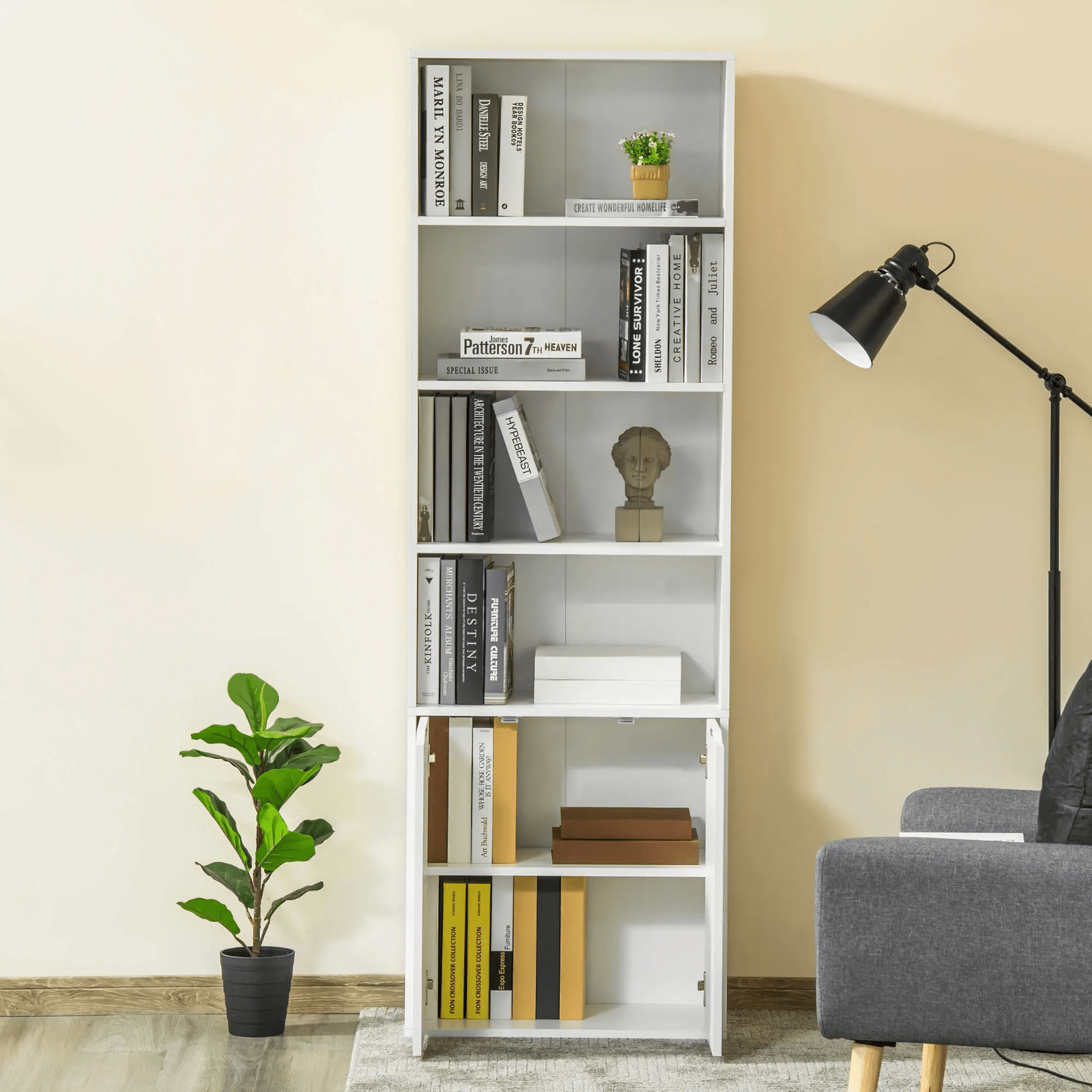 Tall Bookcase Wooden Storage Cabinet Display Unit 6 Tier Bookshelf Doors Shelves - Home and Garden Furniture Shop - #rustic - furniture#
