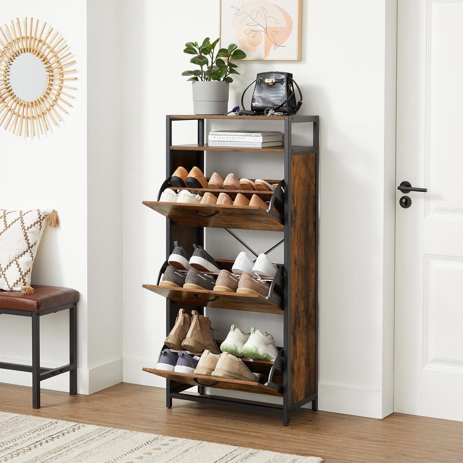 Tall Space Saving Shoe Cabinet Storage Rack Rustic Brown 3 Flip Doors Industrial - Home and Garden Furniture Shop - rustic - furniture