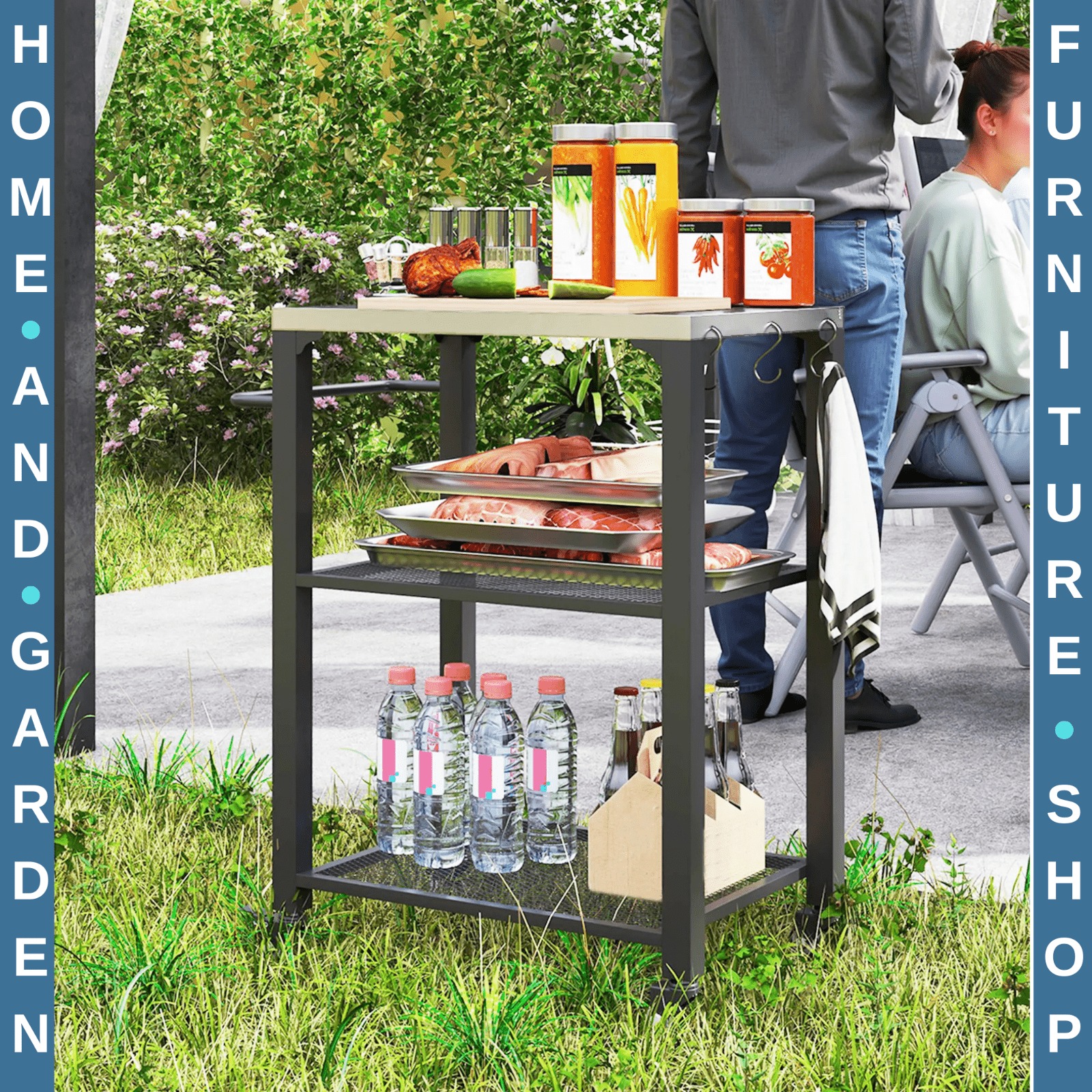 Three Shelf Outdoor Grill Cart Stainless Steel Top Kitchen Trolley with Wheels - Home and Garden Furniture Shop - rustic - furniture