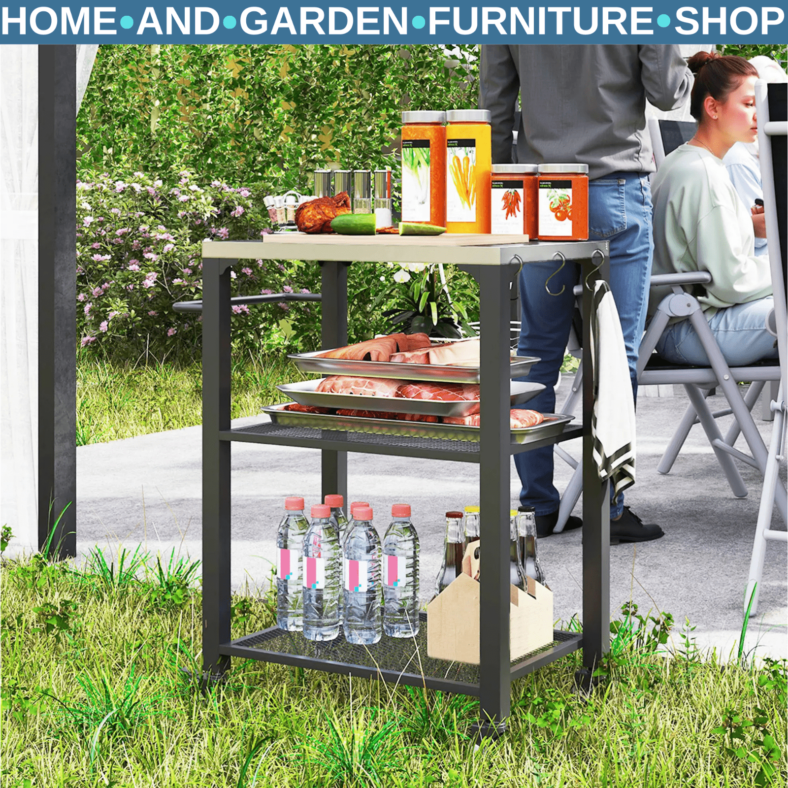 Three Shelf Outdoor Grill Cart Stainless Steel Top Kitchen Trolley with Wheels - Home and Garden Furniture Shop - rustic - furniture