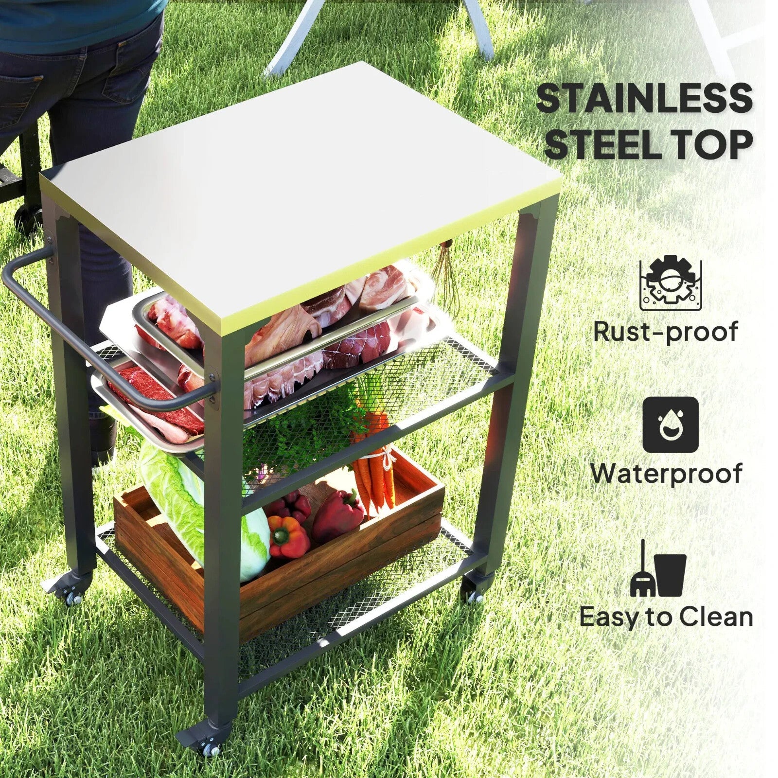 Three Shelf Outdoor Grill Cart Stainless Steel Top Kitchen Trolley with Wheels - Home and Garden Furniture Shop - rustic - furniture