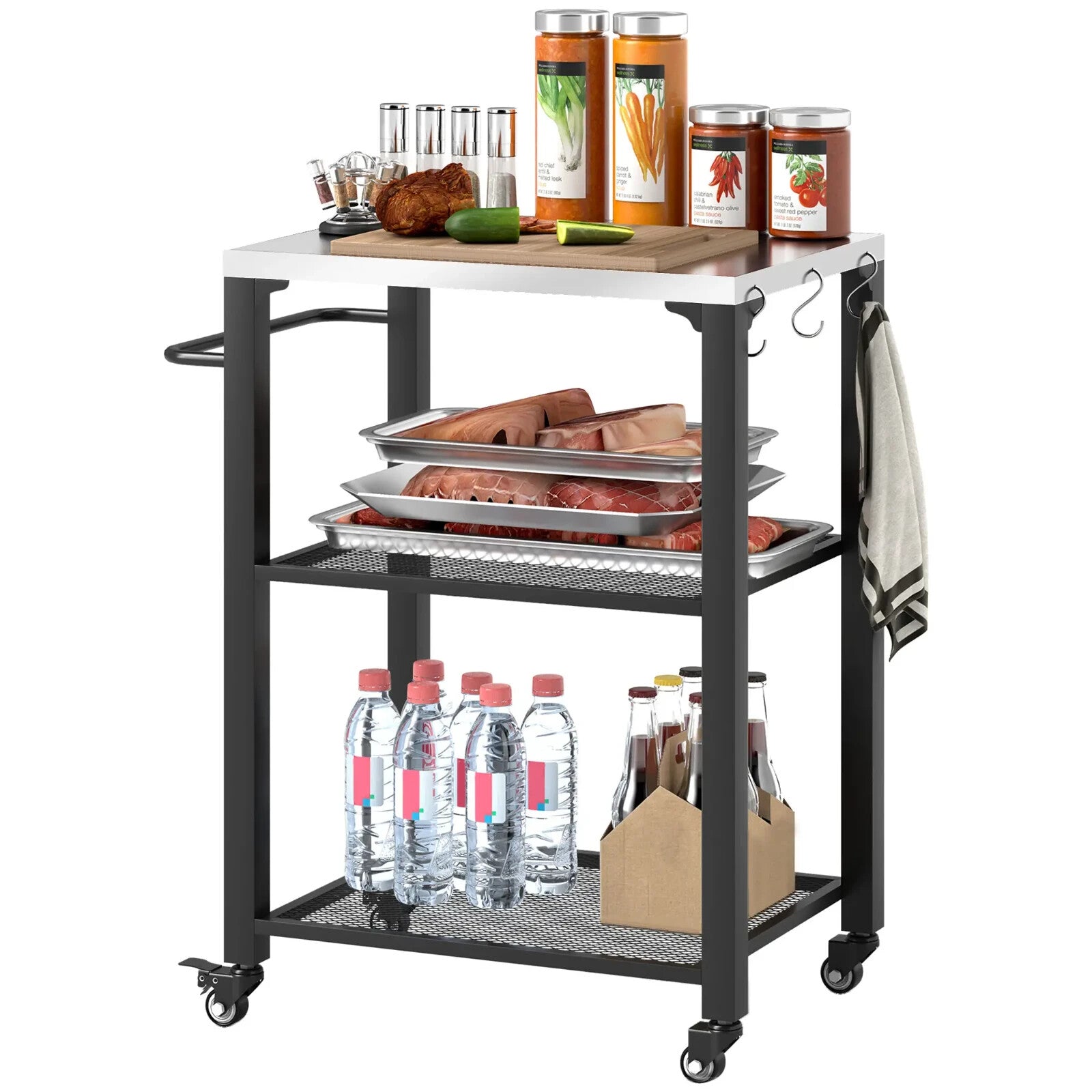 Three Shelf Outdoor Grill Cart Stainless Steel Top Kitchen Trolley with Wheels - Home and Garden Furniture Shop - rustic - furniture