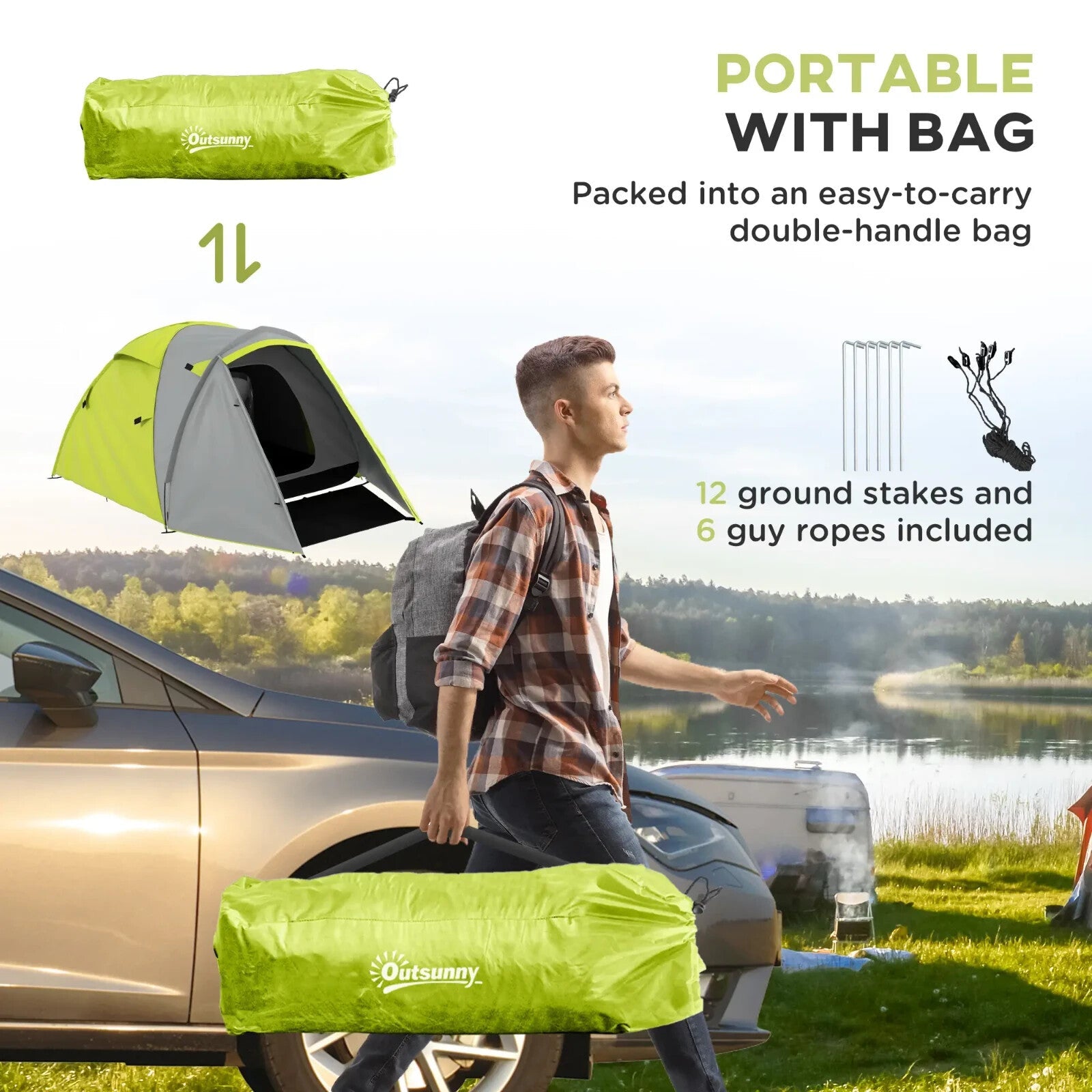 Two - Man Dome Tent 2 Rooms and 2000mm Waterproof with Front Porch Yellow Grey - Home and Garden Furniture Shop - rustic - furniture