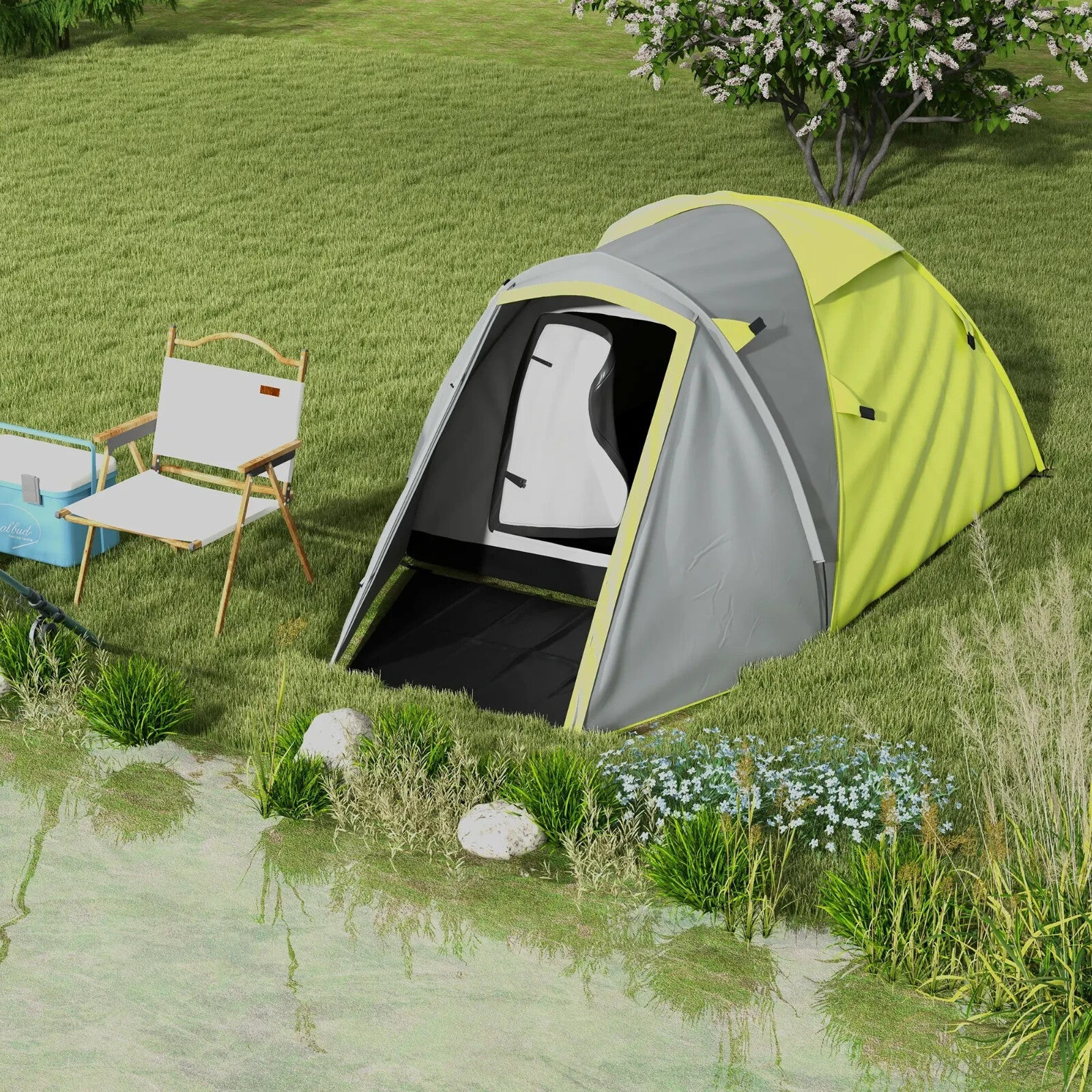 Two - Man Dome Tent 2 Rooms and 2000mm Waterproof with Front Porch Yellow Grey - Home and Garden Furniture Shop - rustic - furniture