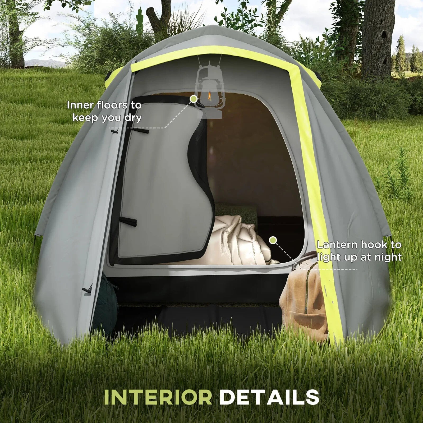 Two - Man Dome Tent 2 Rooms and 2000mm Waterproof with Front Porch Yellow Grey - Home and Garden Furniture Shop - rustic - furniture