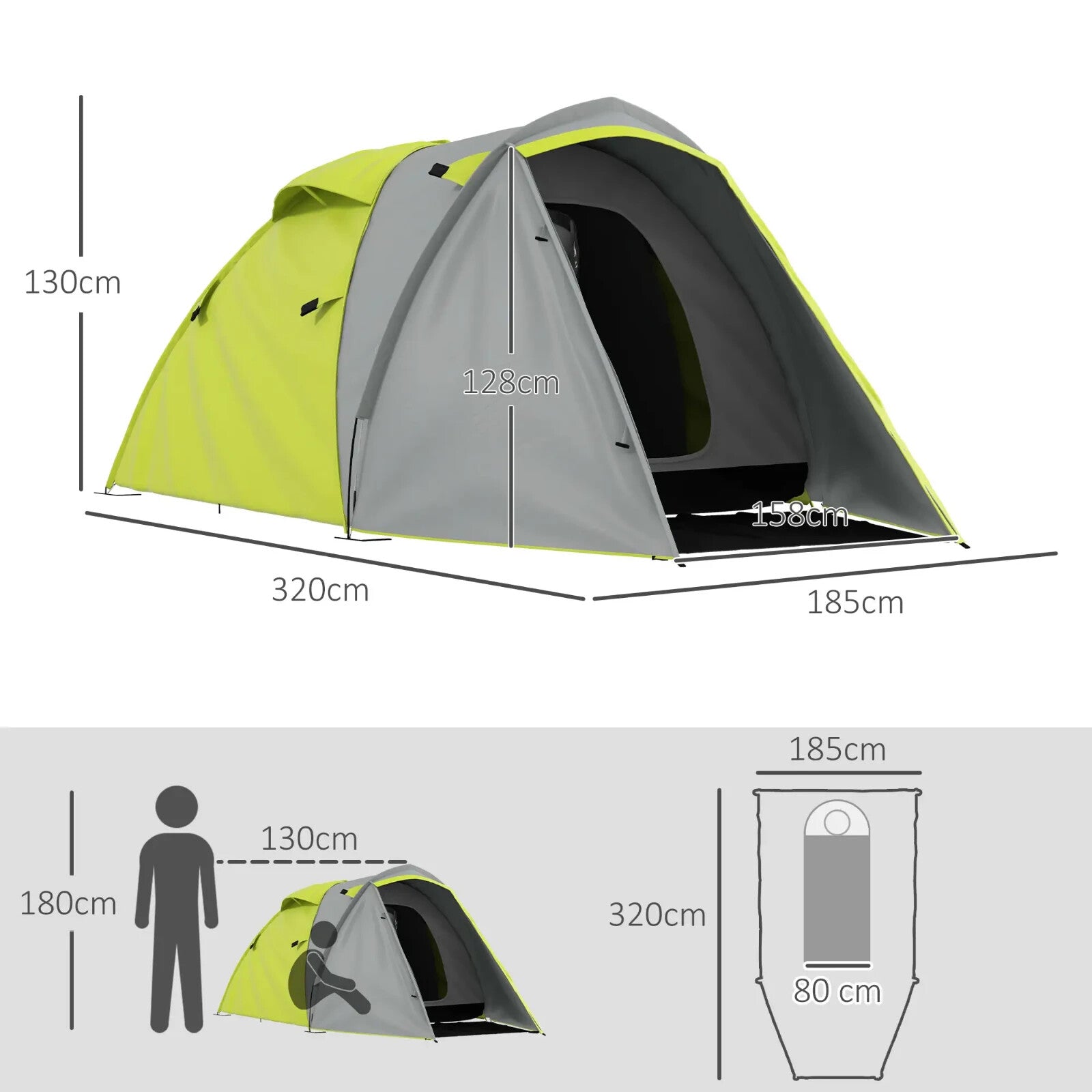 Two - Man Dome Tent 2 Rooms and 2000mm Waterproof with Front Porch Yellow Grey - Home and Garden Furniture Shop - rustic - furniture