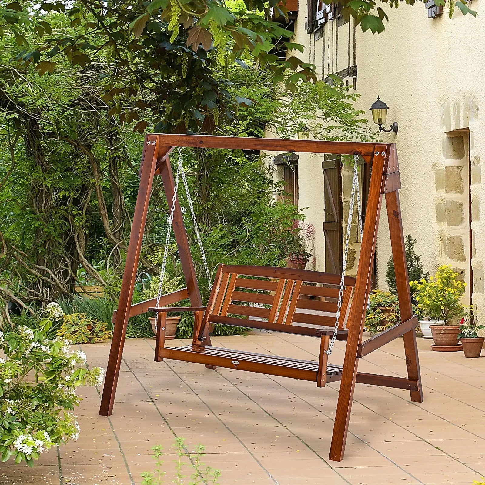 Two Seater Wooden Garden Swing Chair with Armrests Patio Hammock Bench for Yard - Home and Garden Furniture Shop - rustic - furniture