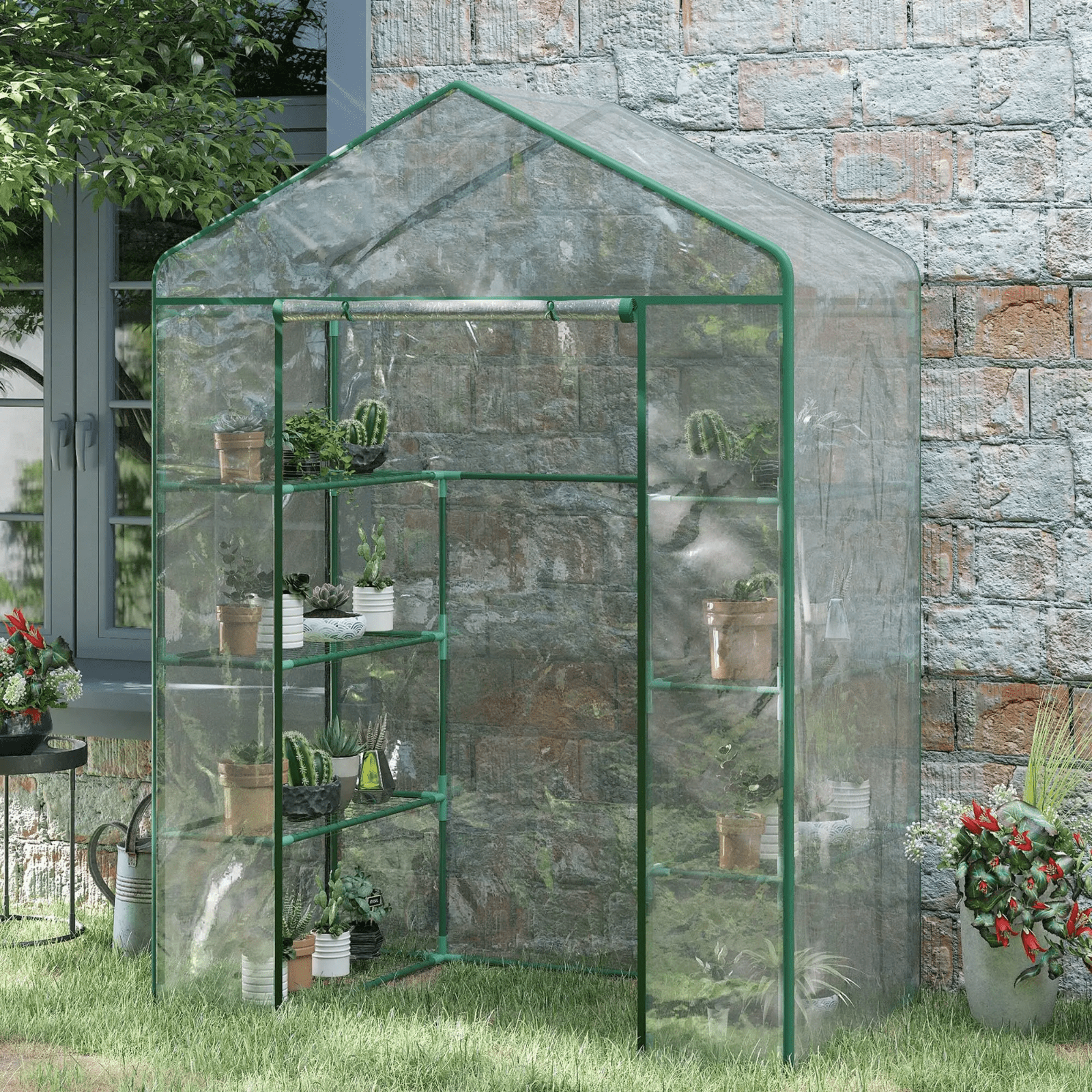 Walk In Greenhouse Garden Plant Grow House Steel Frame Shelves Door Clear Cover - Home and Garden Furniture Shop - #rustic - furniture#