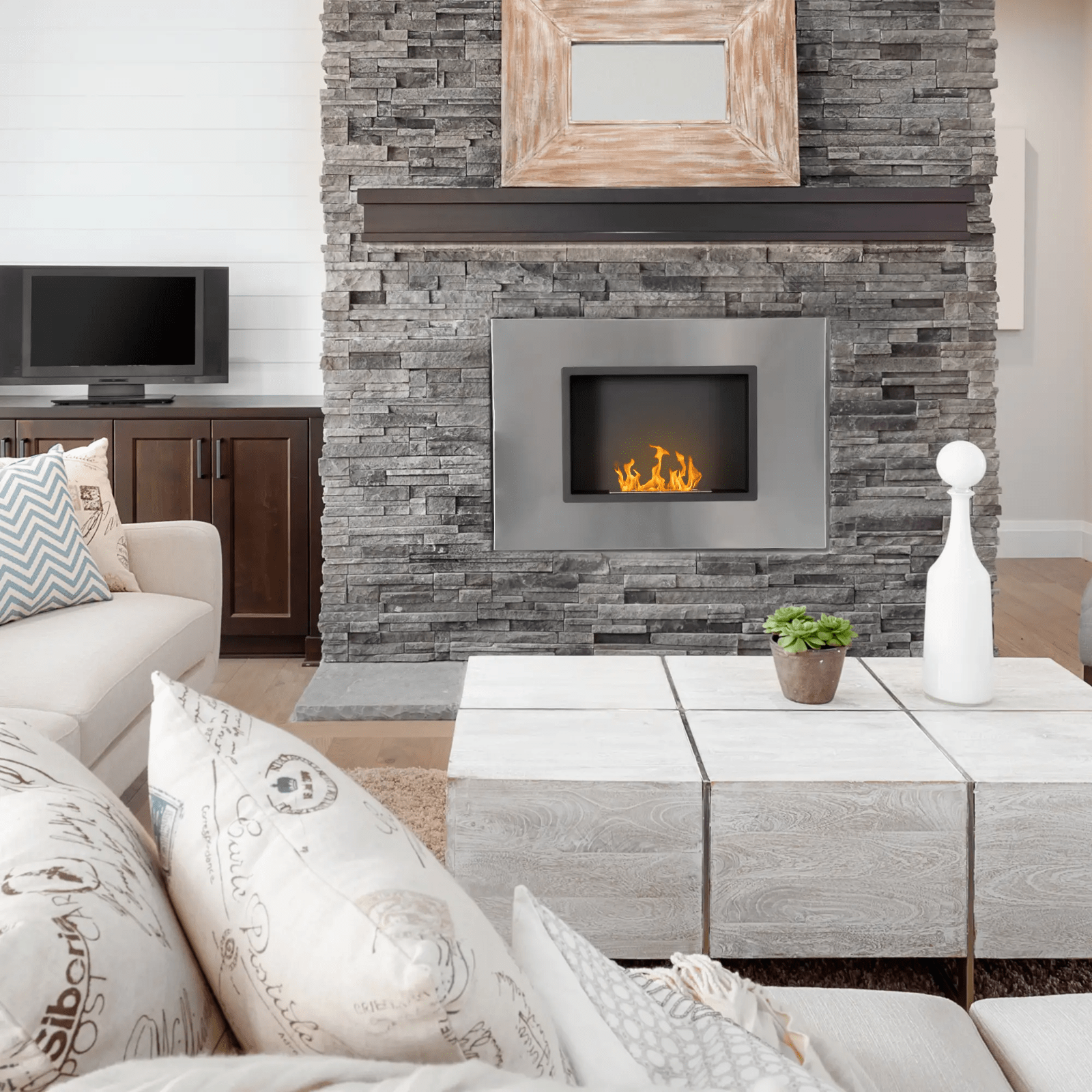 Wall Mounted Ethanol Fireplace Bioethanol Heater Fire 1.2L Tank 3 Hours Burning - Home and Garden Furniture Shop - #rustic - furniture#