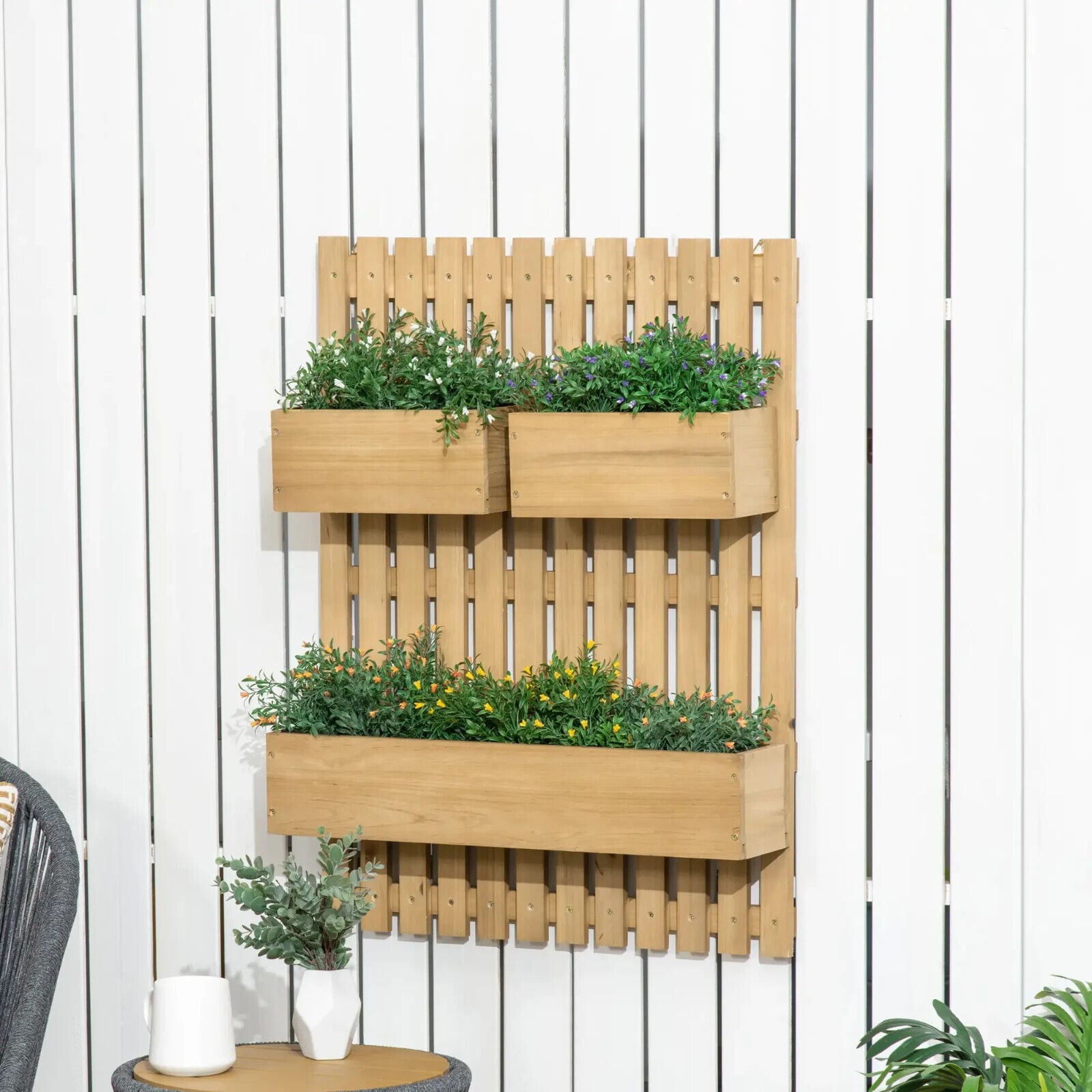 Wall Mounted Wooden Garden Planters w/ Trellis Drainage Holes and 3 Raised Boxes - Home and Garden Furniture Shop - #rustic - furniture#