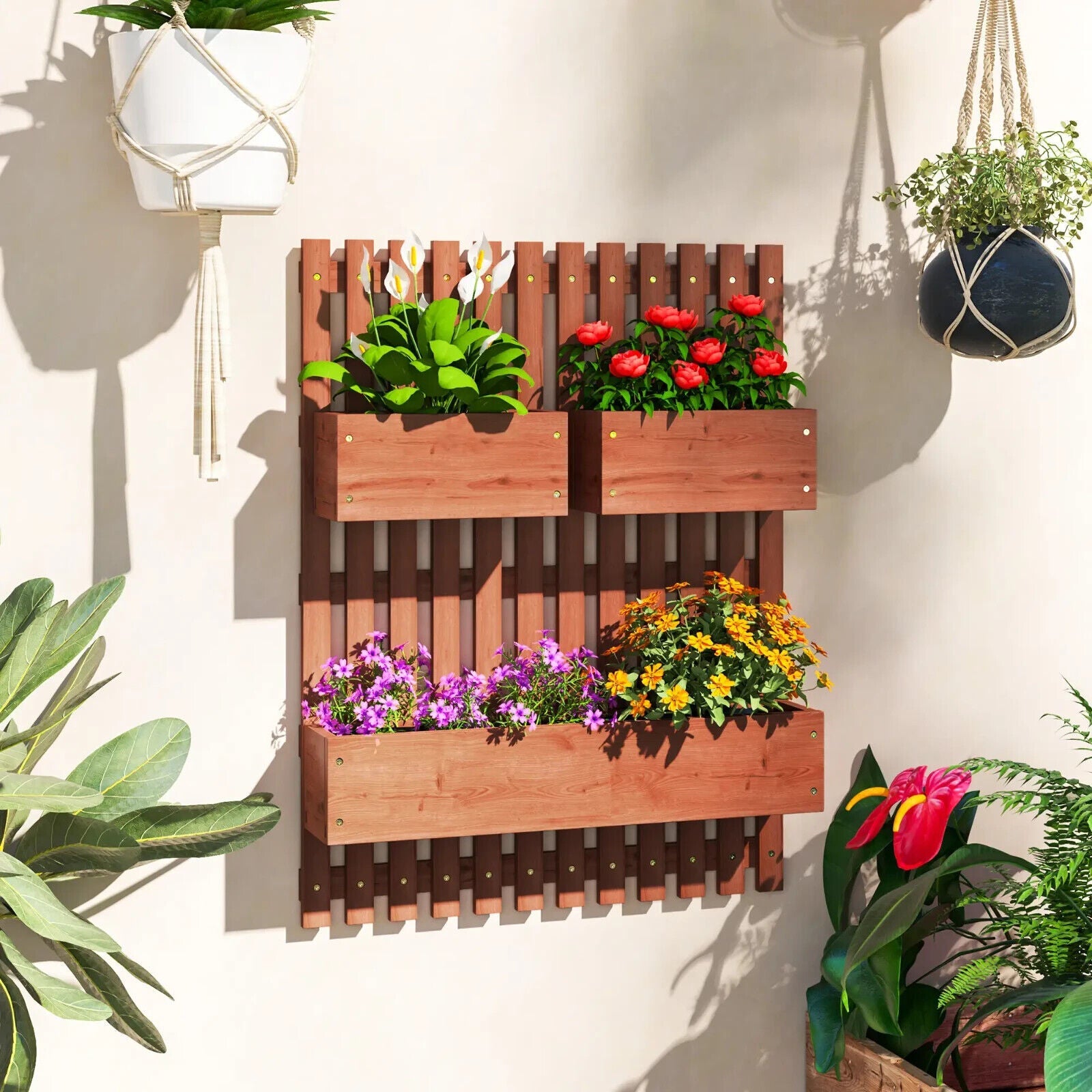 Wall Mounted Wooden Garden Planters With Trellis And 3 Boxes Patio Outdoor - Home and Garden Furniture Shop - #rustic - furniture#