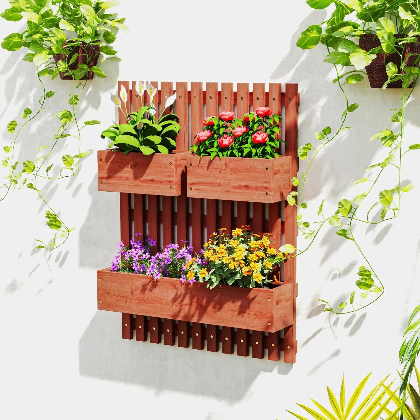 Wall Mounted Wooden Garden Planters With Trellis And 3 Boxes Patio Outdoor - Home and Garden Furniture Shop - #rustic - furniture#