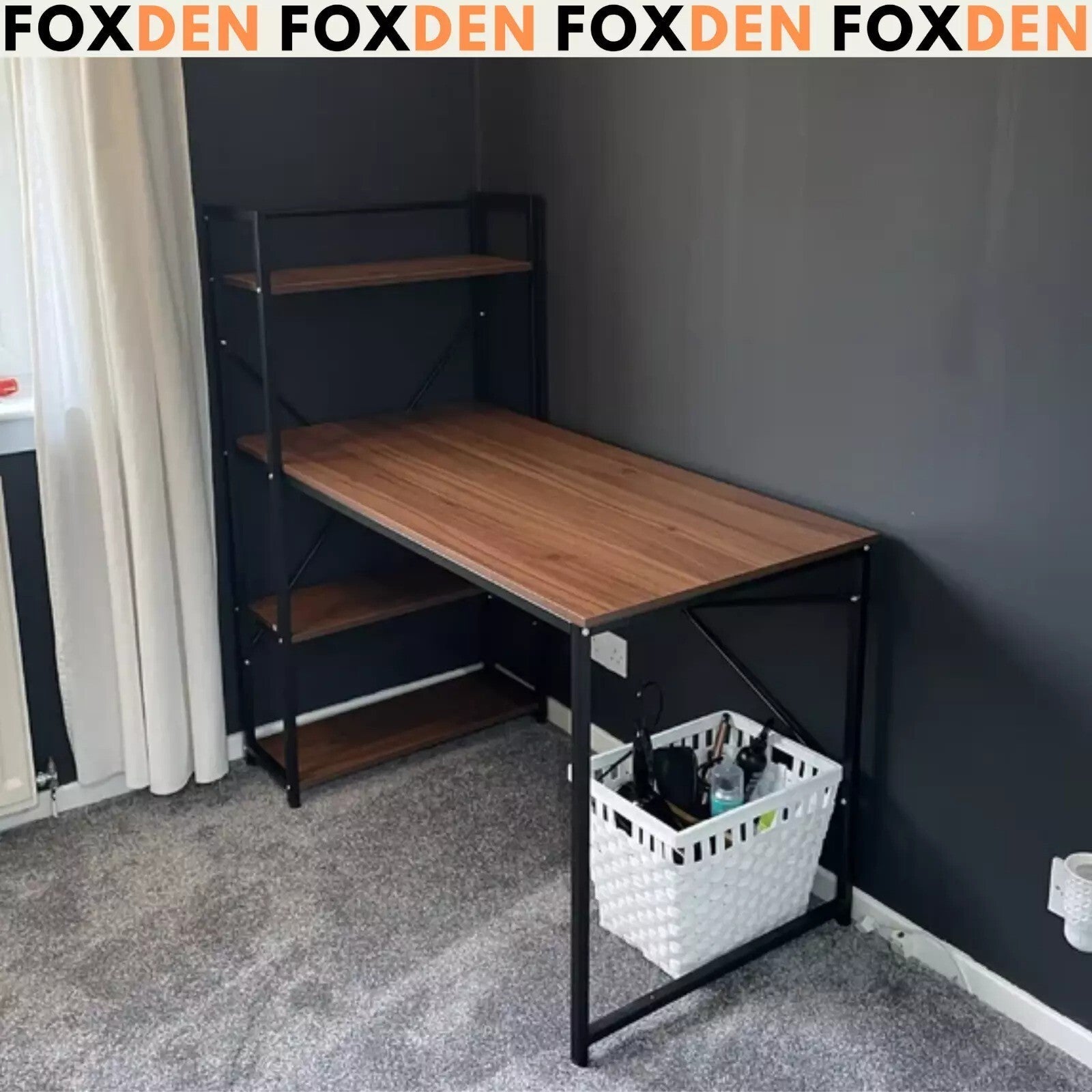 Walnut Computer Desk with Side Storage Shelves Left Right Gaming Table PC Study - Home and Garden Furniture Shop - rustic - furniture