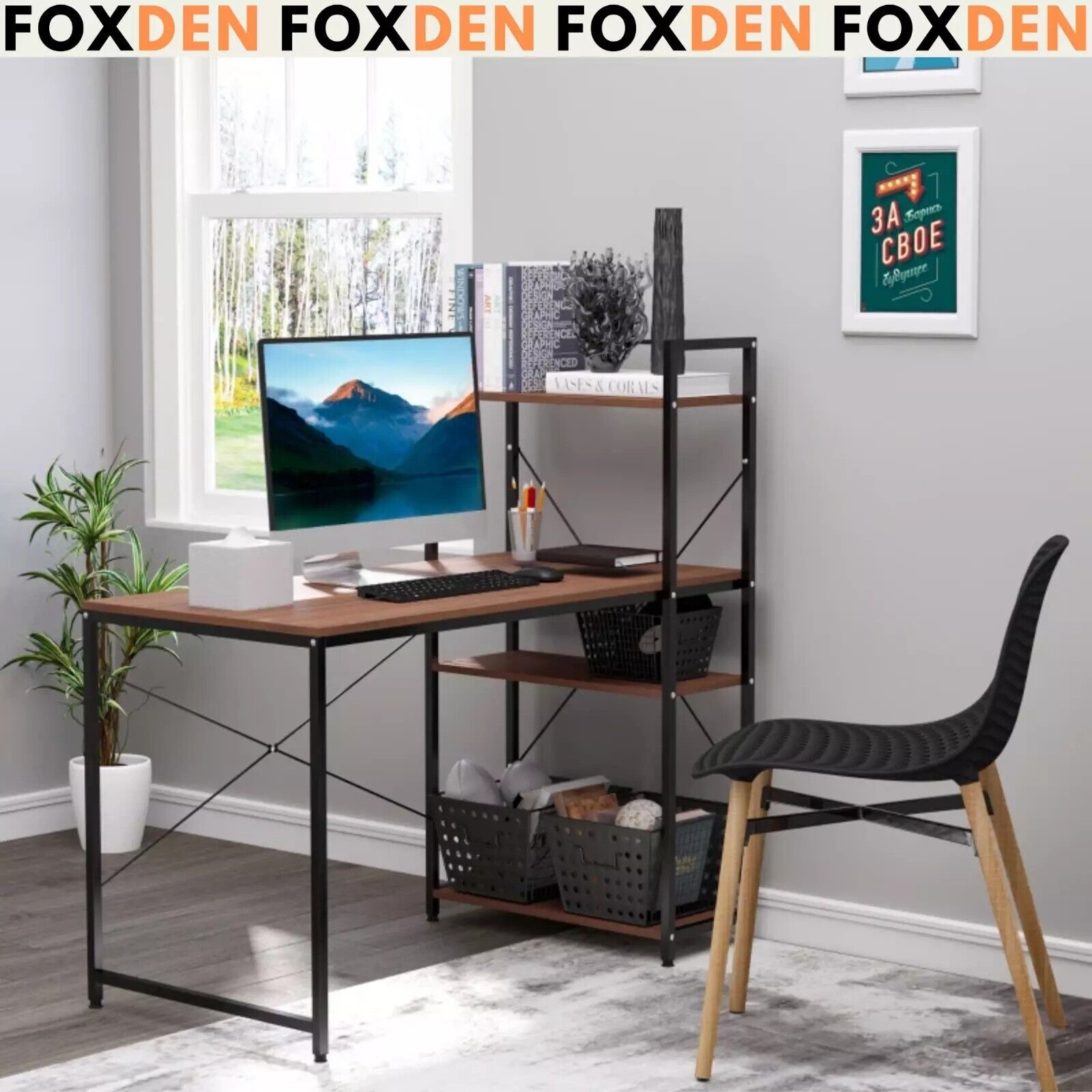 Walnut Computer Desk with Side Storage Shelves Left Right Gaming Table PC Study - Home and Garden Furniture Shop - rustic - furniture