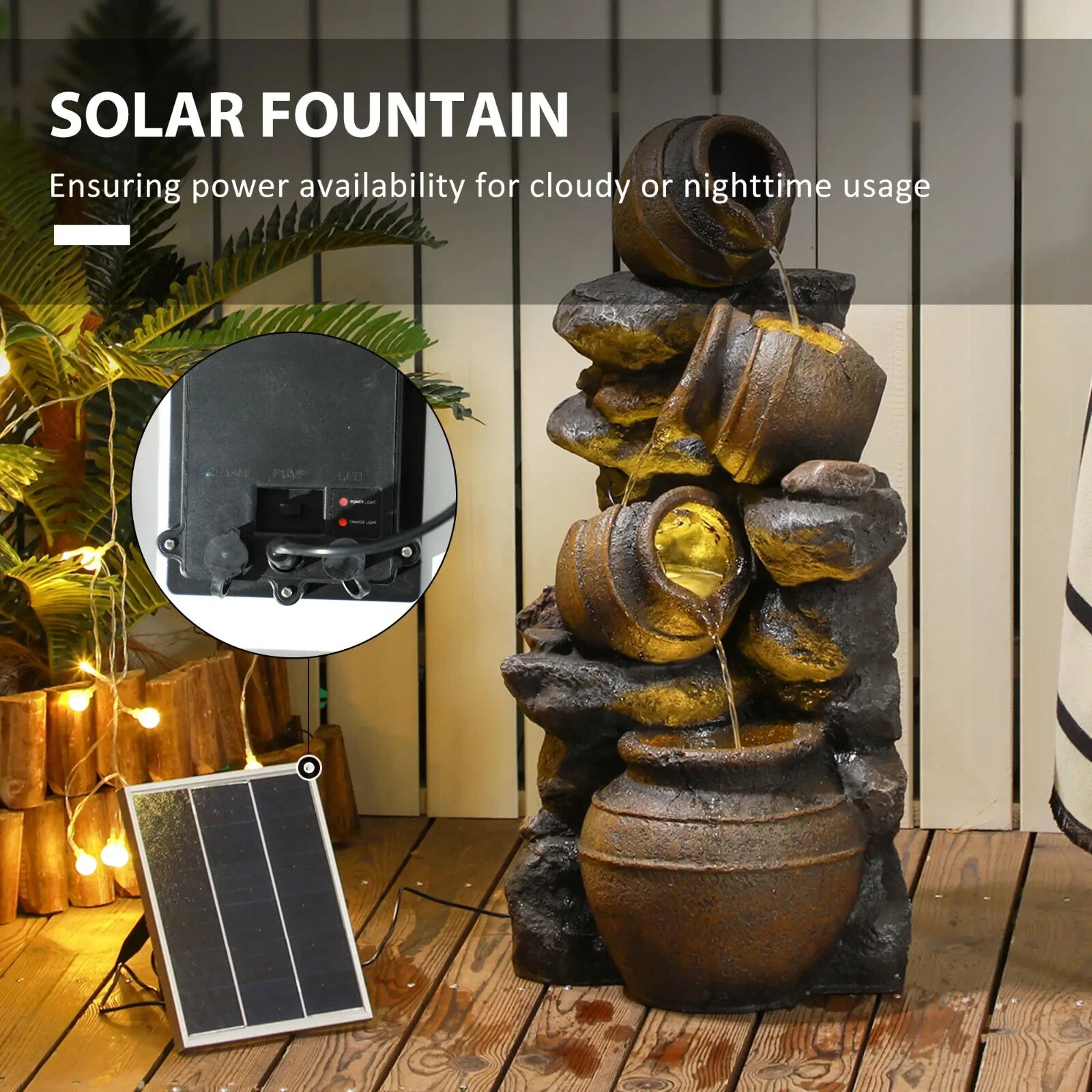 Water Feature Solar Powered Cascading Jar Design with LED Lights and Pump Grey - Home and Garden Furniture Shop - rustic - furniture