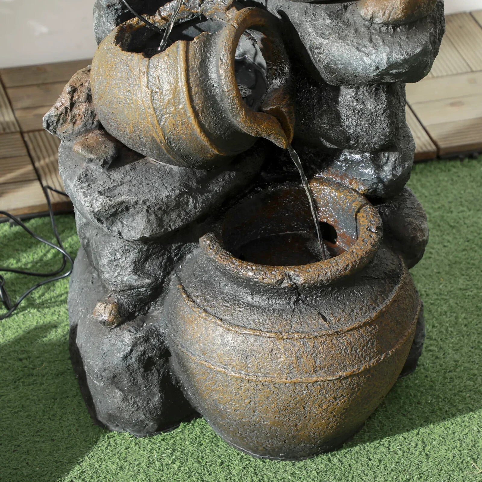 Water Feature Solar Powered Cascading Jar Design with LED Lights and Pump Grey - Home and Garden Furniture Shop - rustic - furniture