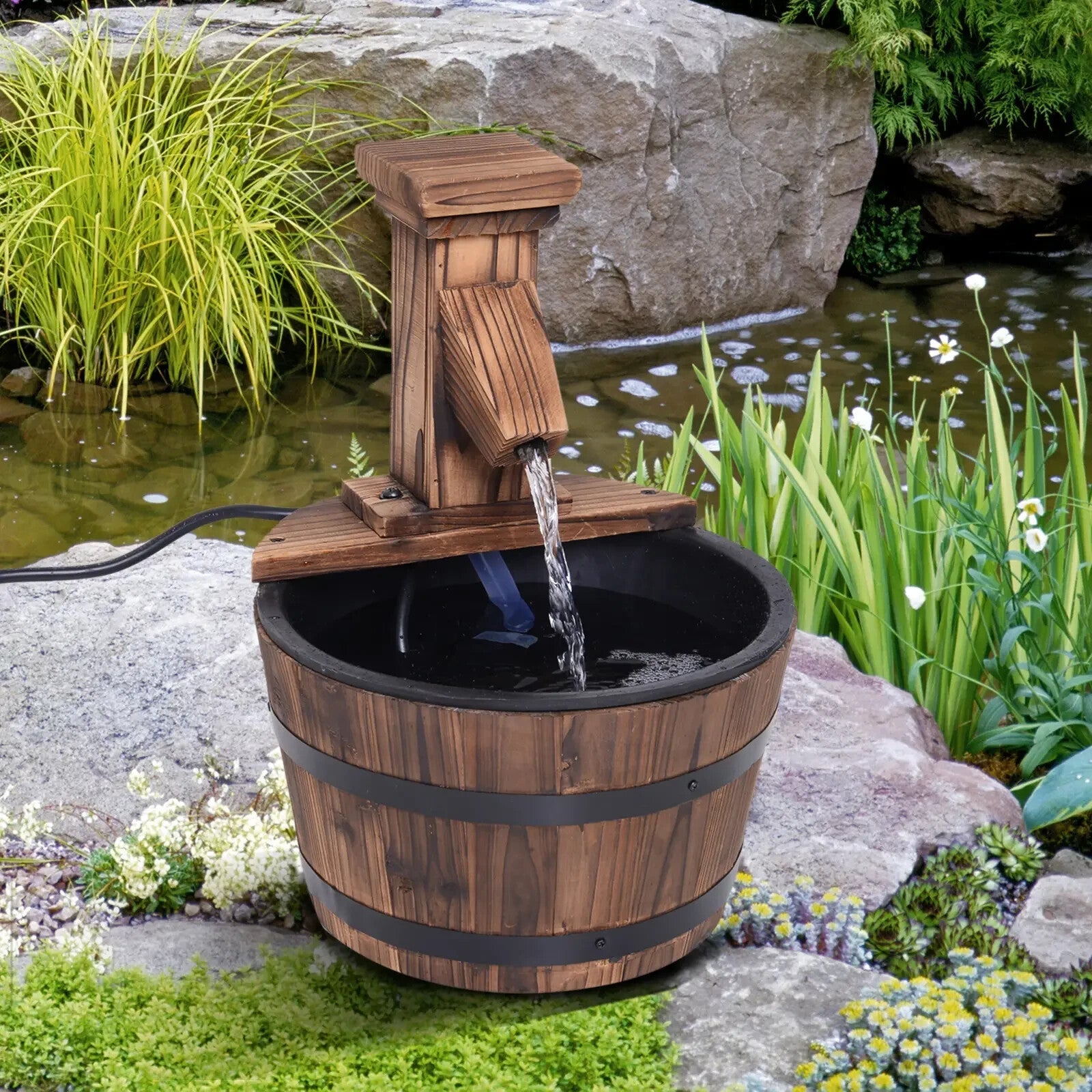Water Fountain Retro Round Decorative Ornament With Electric Pump Rustic Brown - Home and Garden Furniture Shop - rustic - furniture